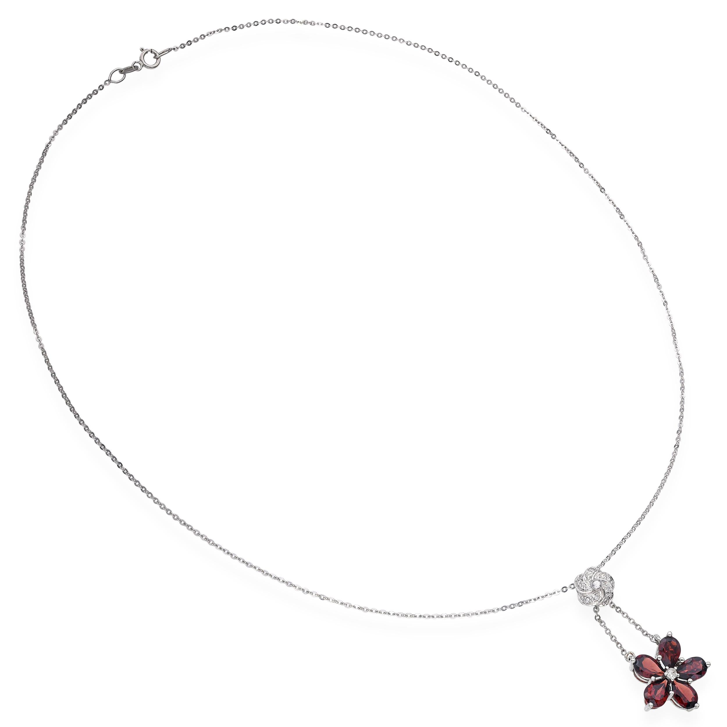 14k White Gold Garnet and Diamond Flower Necklace