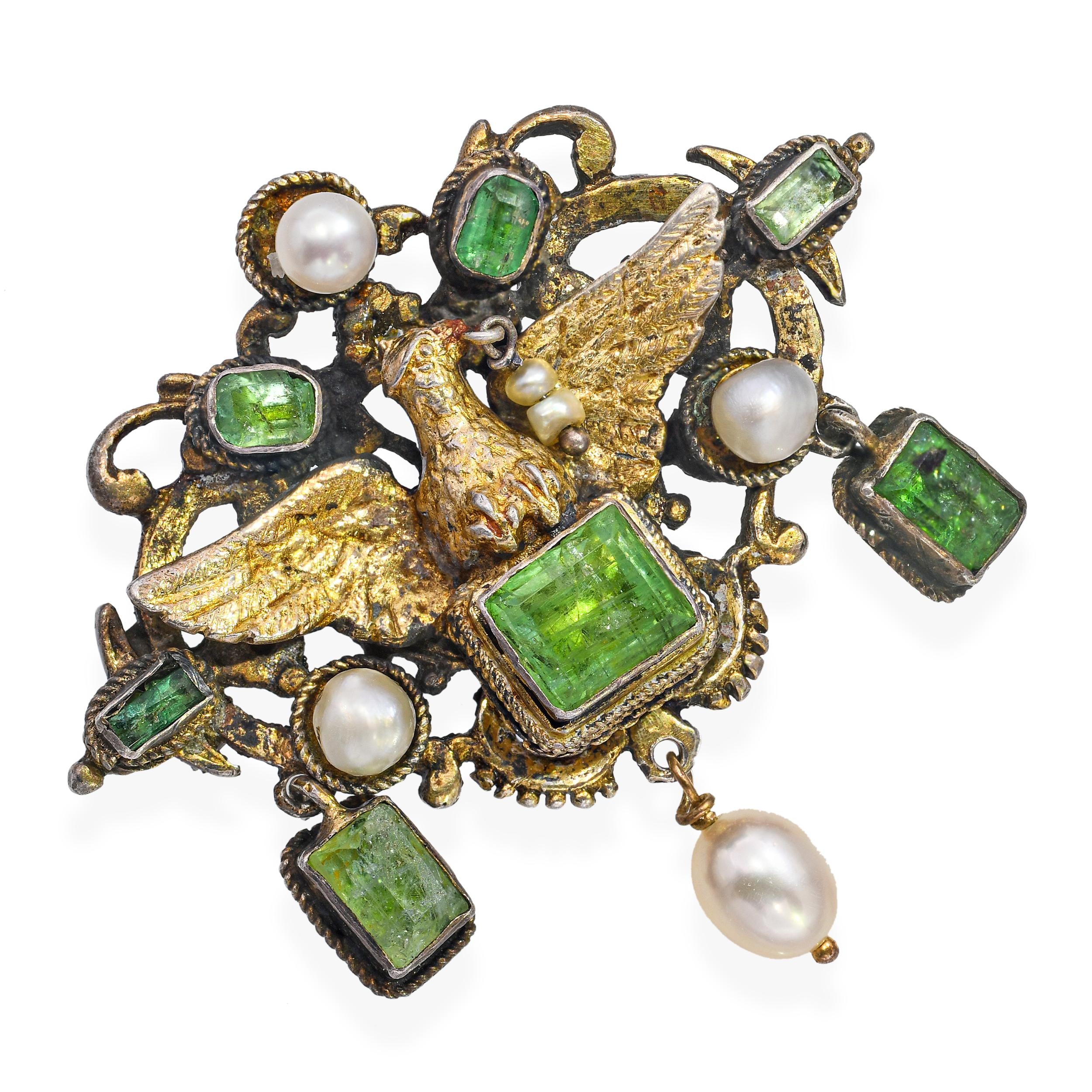 Antique Austro-Hungarian Vermeil Emerald & Pearl Eagle Brooch
