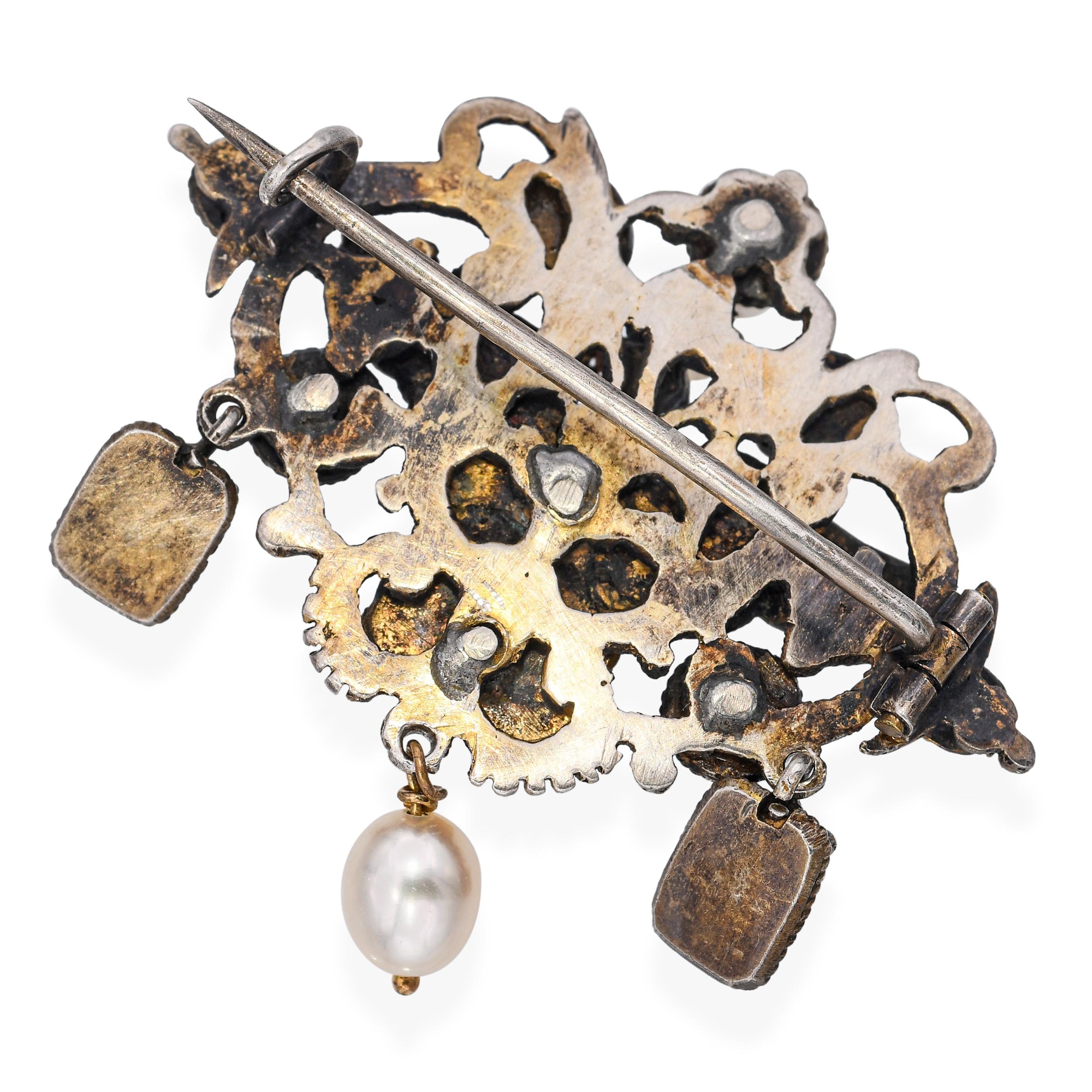 Antique Austro-Hungarian Vermeil Emerald & Pearl Eagle Brooch