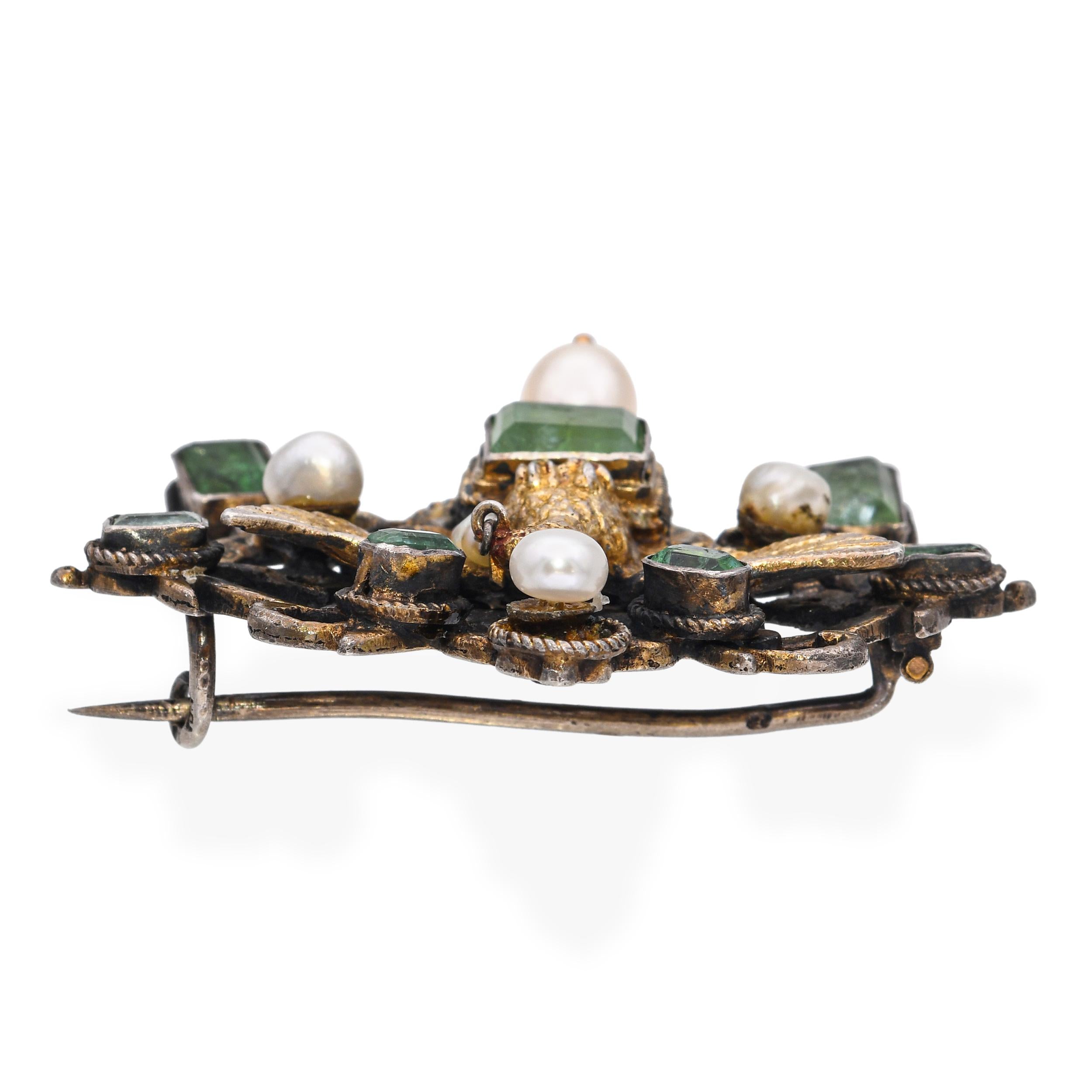 Antique Austro-Hungarian Vermeil Emerald & Pearl Eagle Brooch