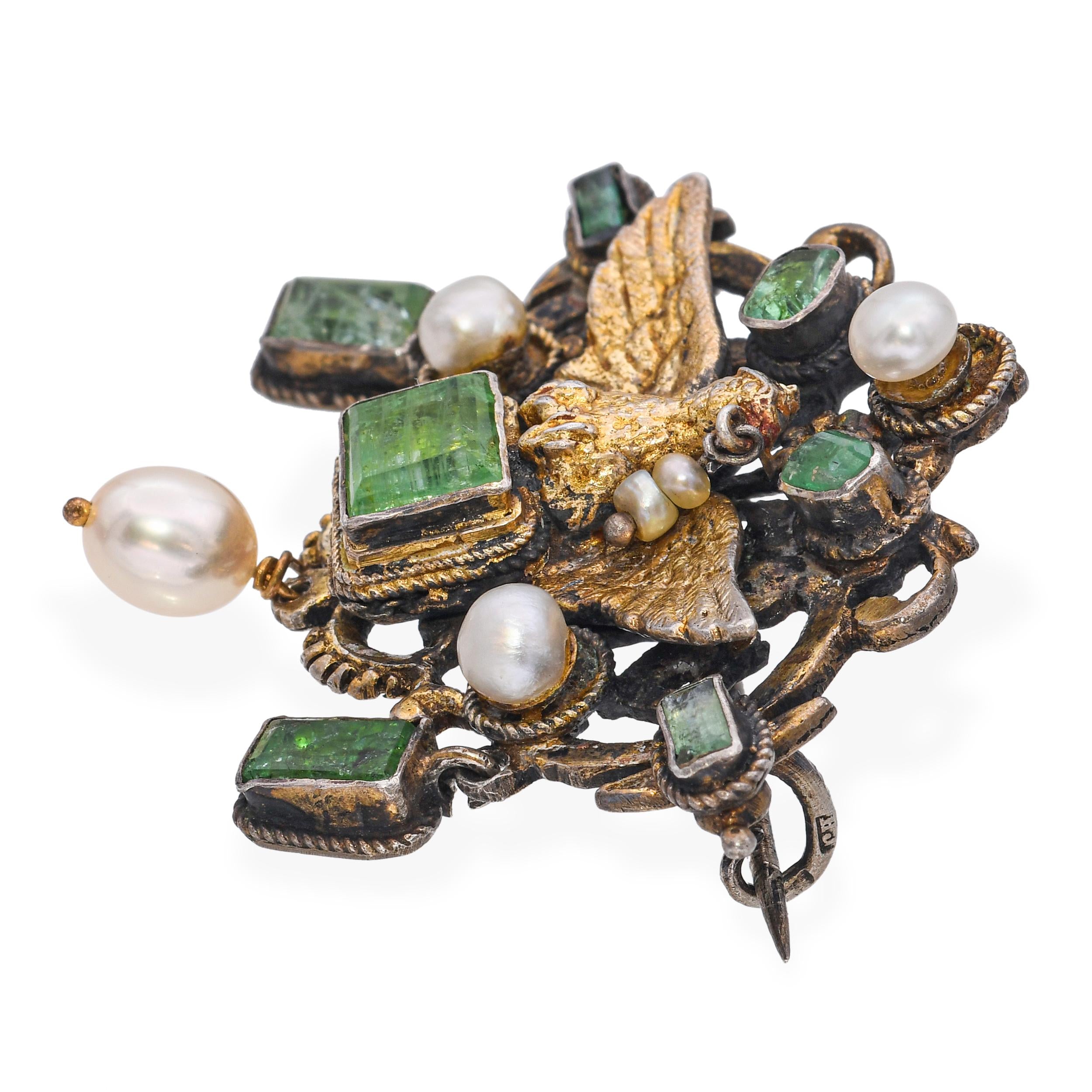 Antique Austro-Hungarian Vermeil Emerald & Pearl Eagle Brooch