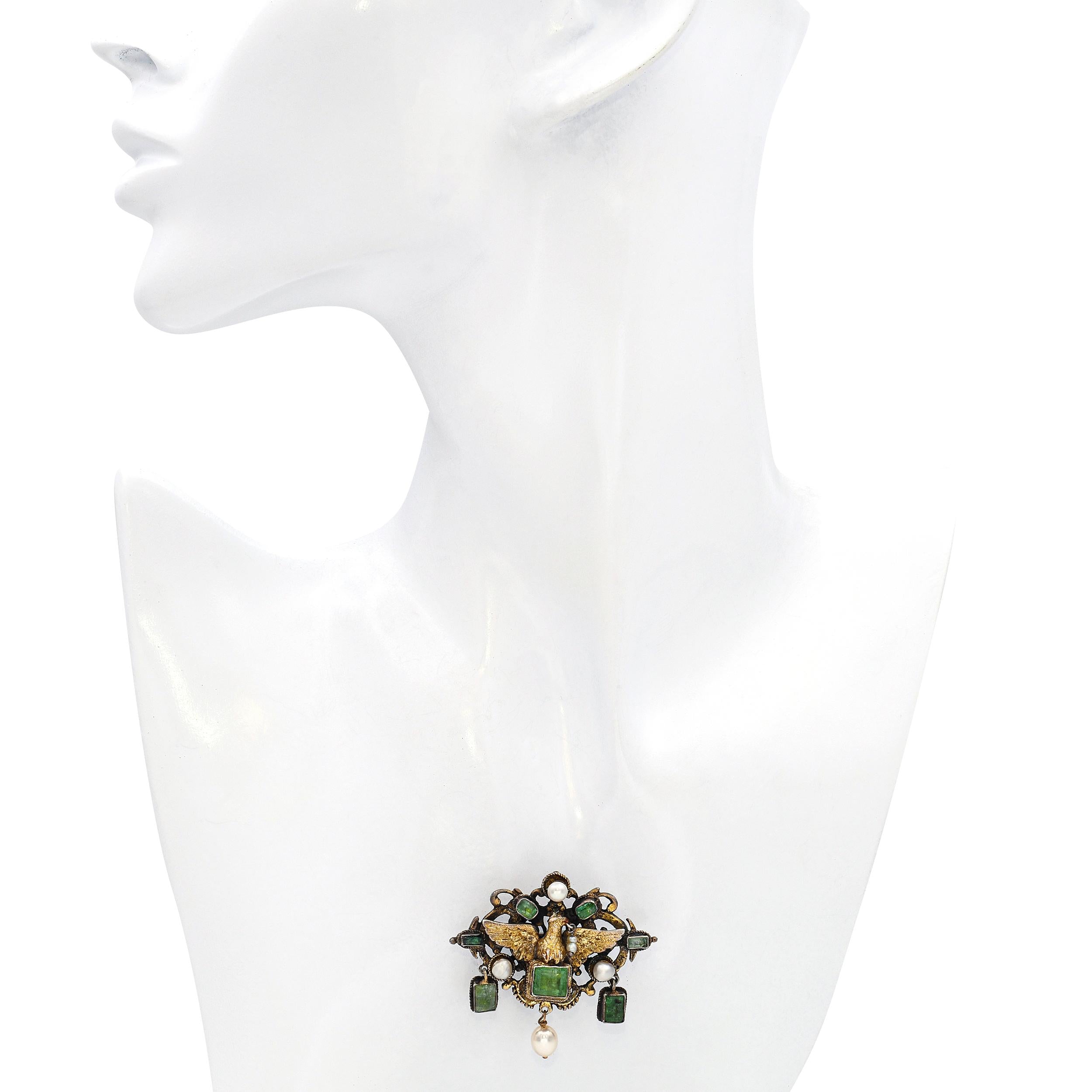 Antique Austro-Hungarian Vermeil Emerald & Pearl Eagle Brooch