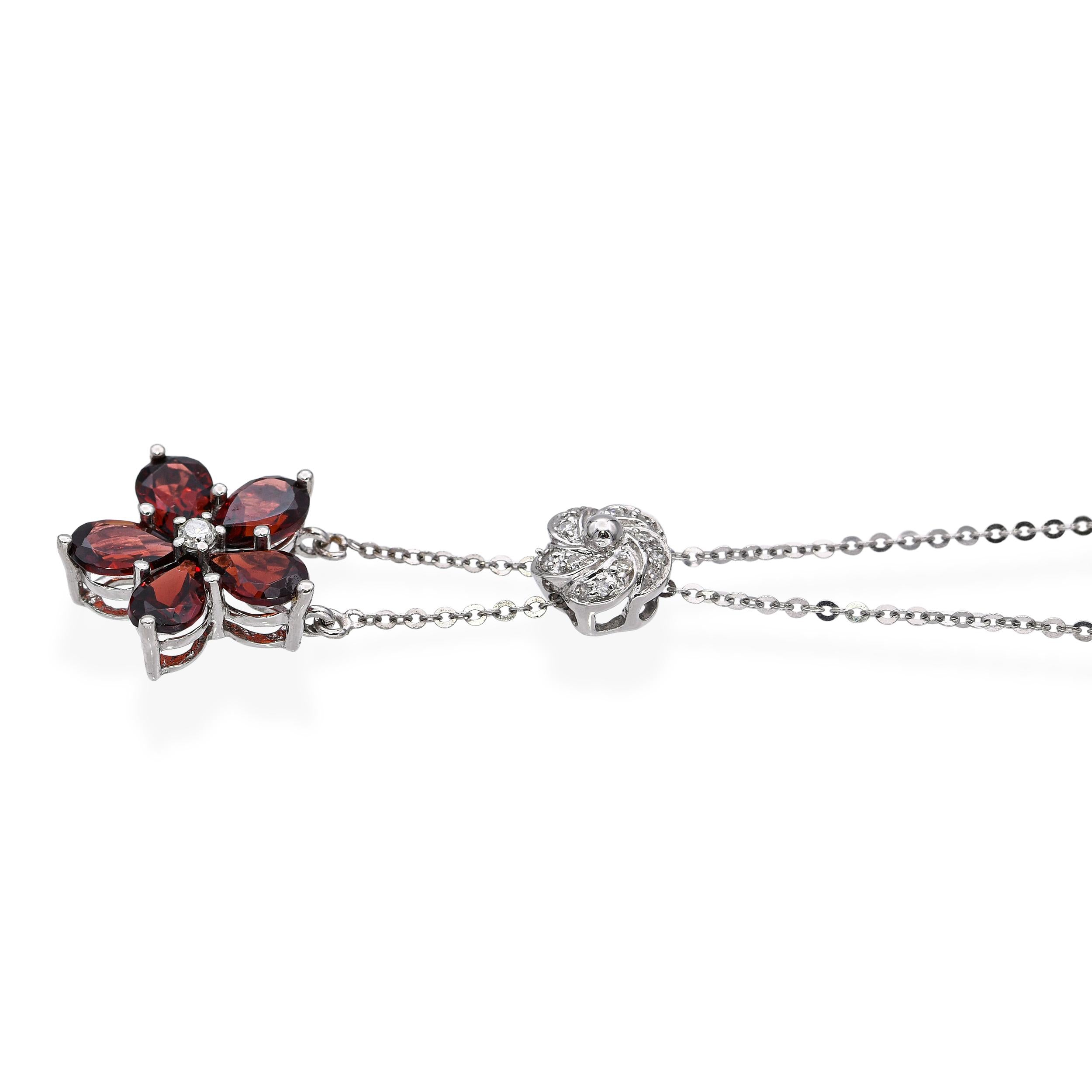 14k White Gold Garnet and Diamond Flower Necklace