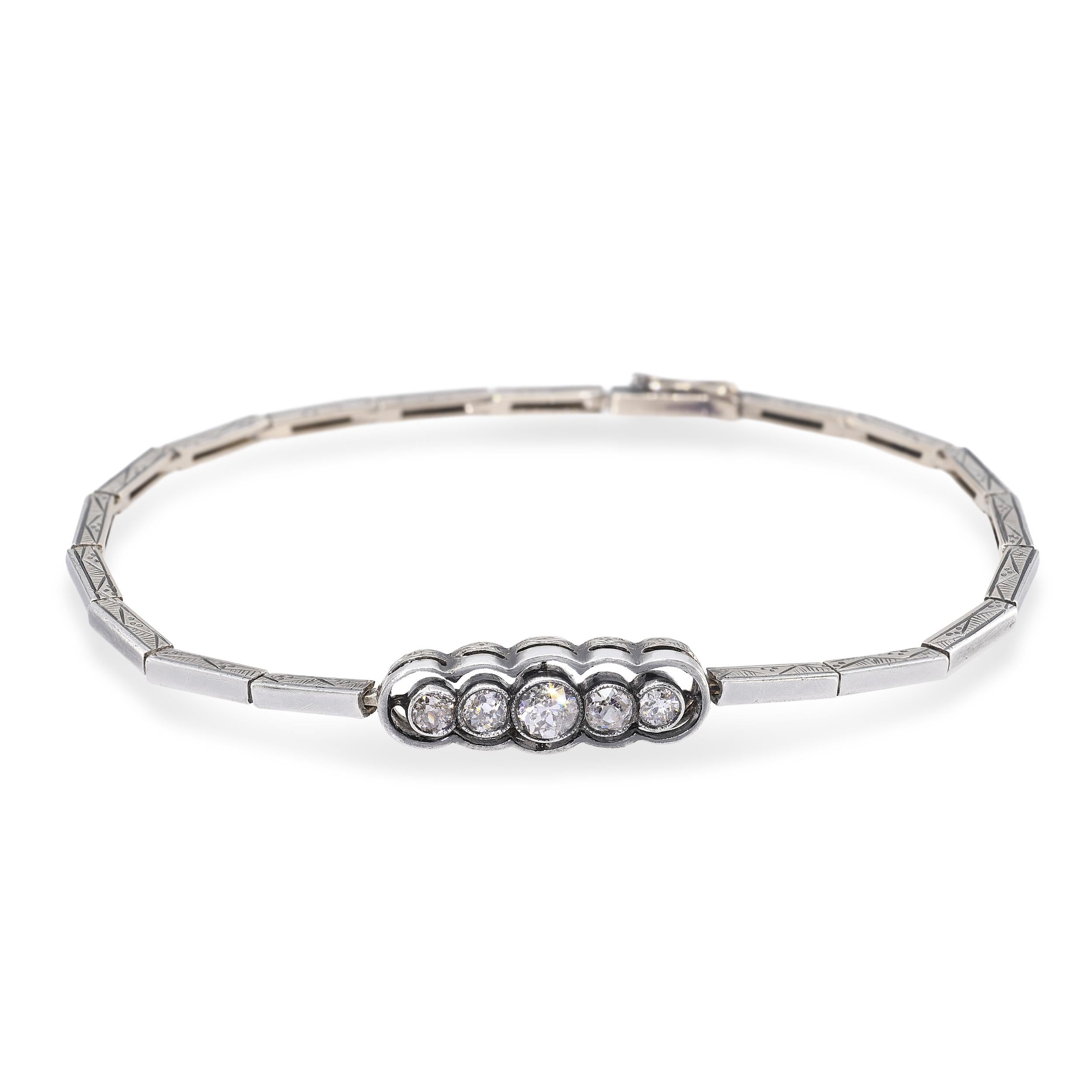 Antique Edwardian 14k Yellow Gold Sterling Silver Top Old Euro Diamond Bracelet
