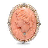 Antique Yellow Gold Coral Cameo with Seed Pearl & Diamond Frame Brooch