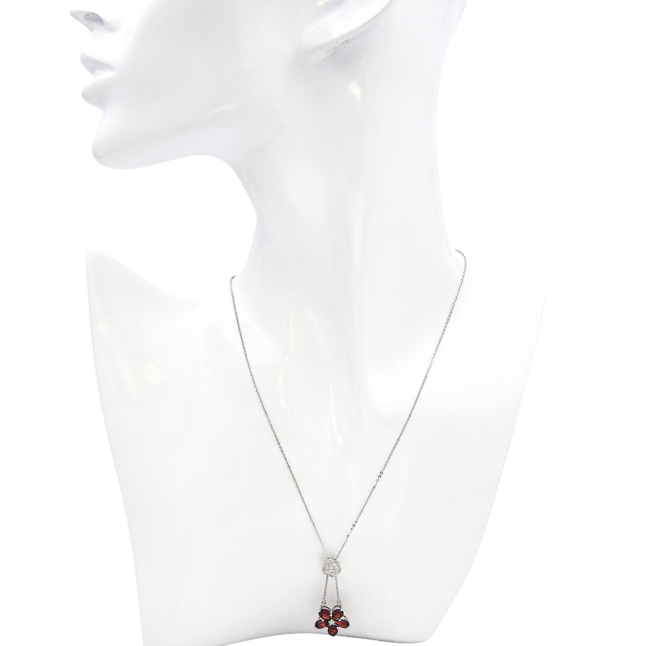 14k White Gold Garnet and Diamond Flower Necklace