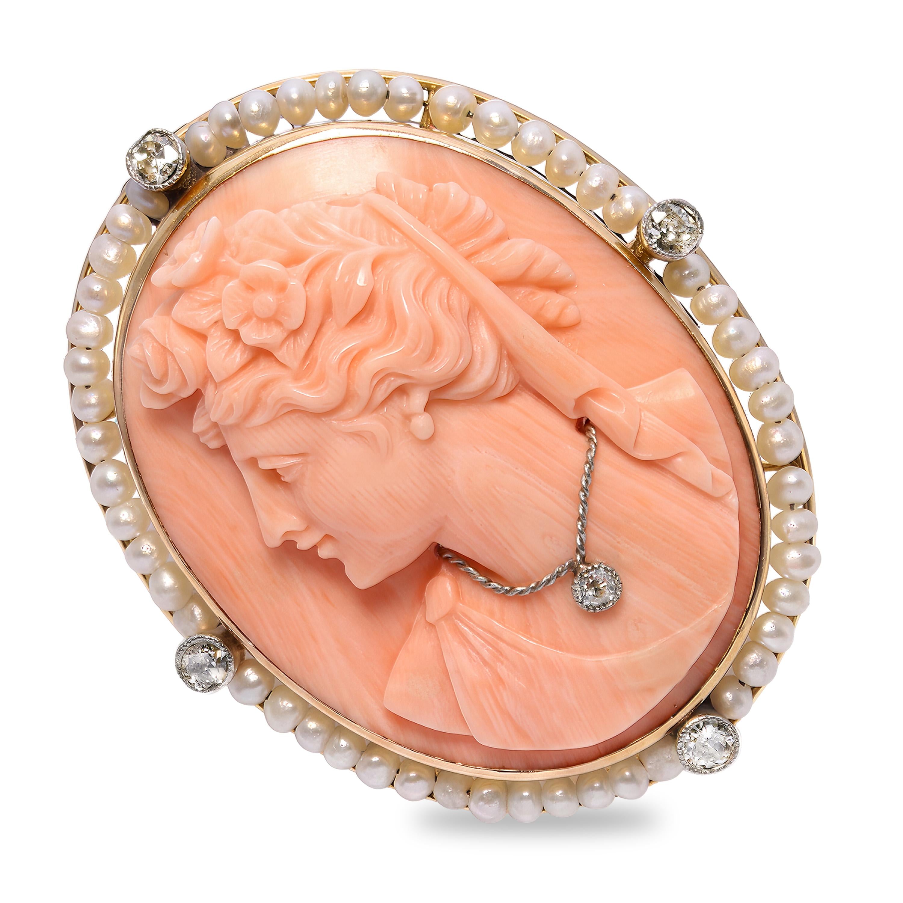Antique Yellow Gold Coral Cameo with Seed Pearl & Diamond Frame Brooch