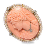 Antique Yellow Gold Coral Cameo with Seed Pearl & Diamond Frame Brooch
