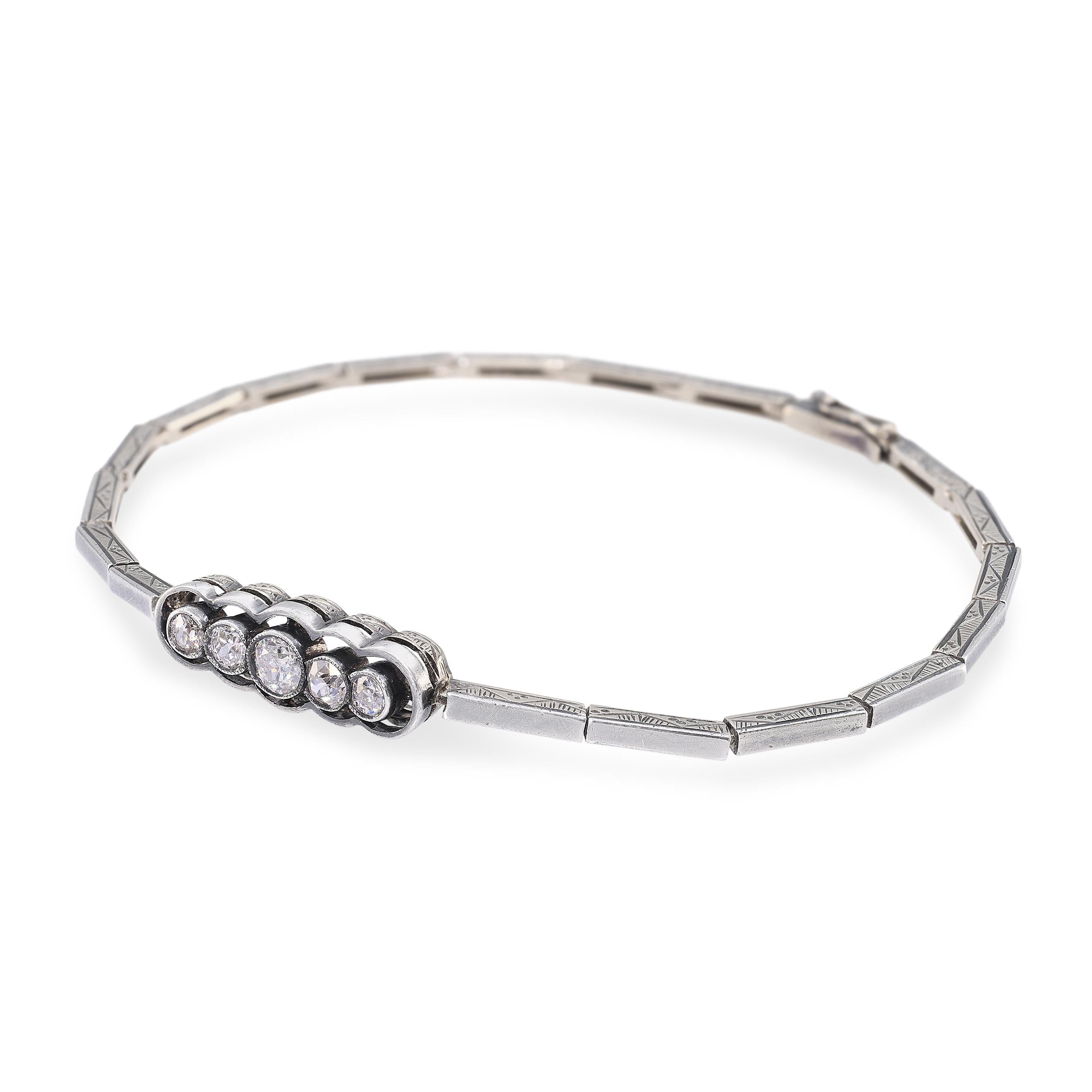 Antique Edwardian 14k Yellow Gold Sterling Silver Top Old Euro Diamond Bracelet