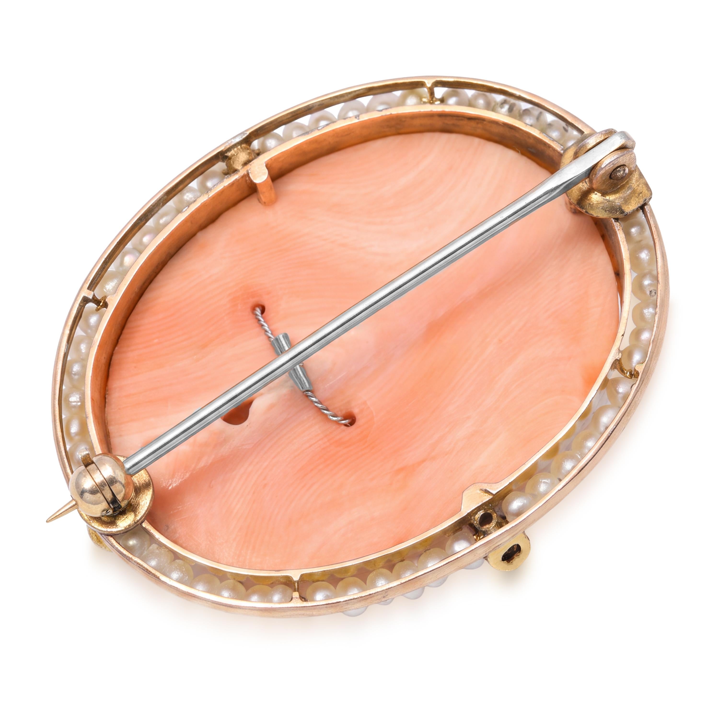 Antique Yellow Gold Coral Cameo with Seed Pearl & Diamond Frame Brooch