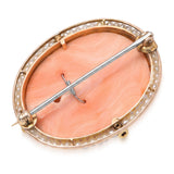 Antique Yellow Gold Coral Cameo with Seed Pearl & Diamond Frame Brooch
