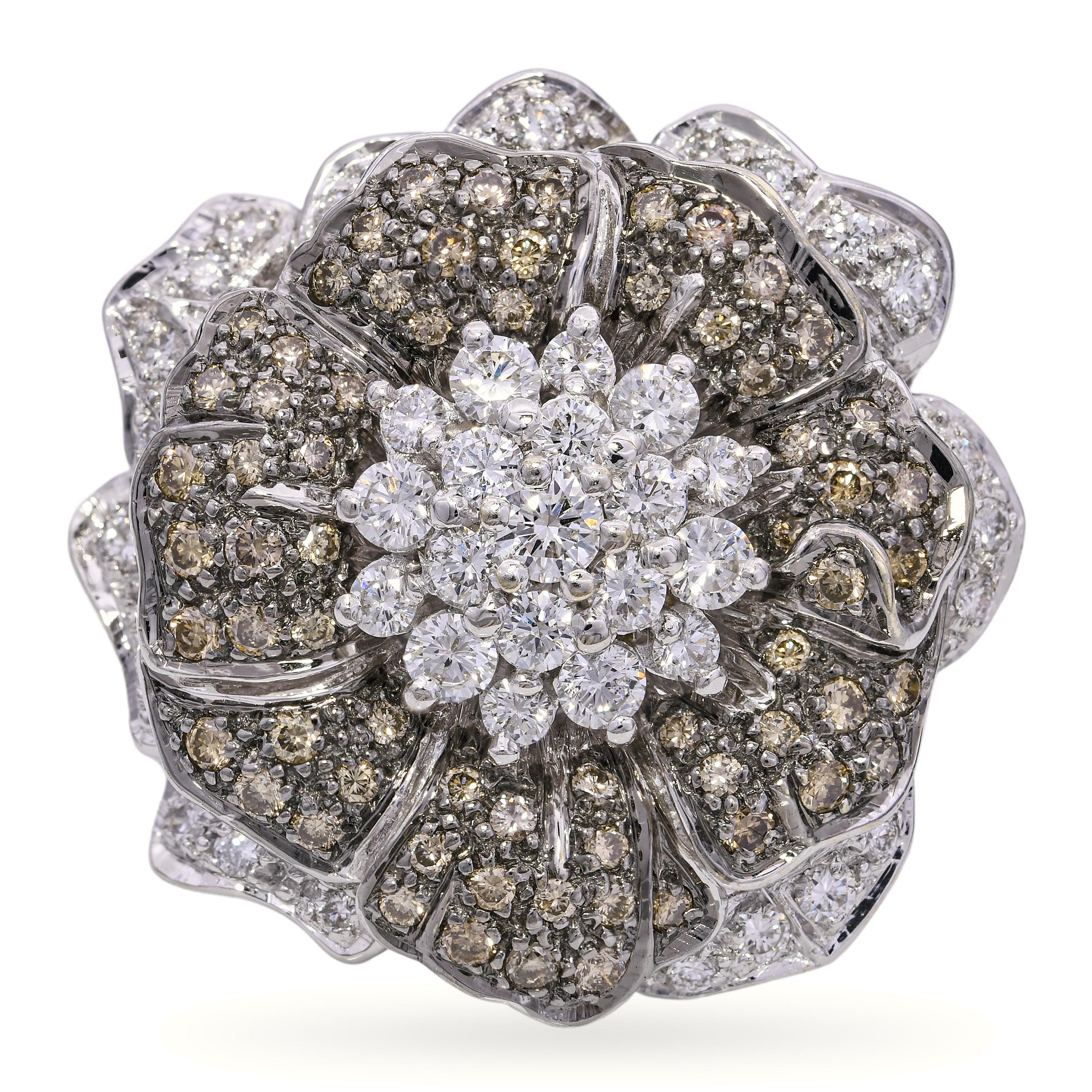 18k White Gold 2.69tcw Chocolate & White Diamond Flower Statement Ring