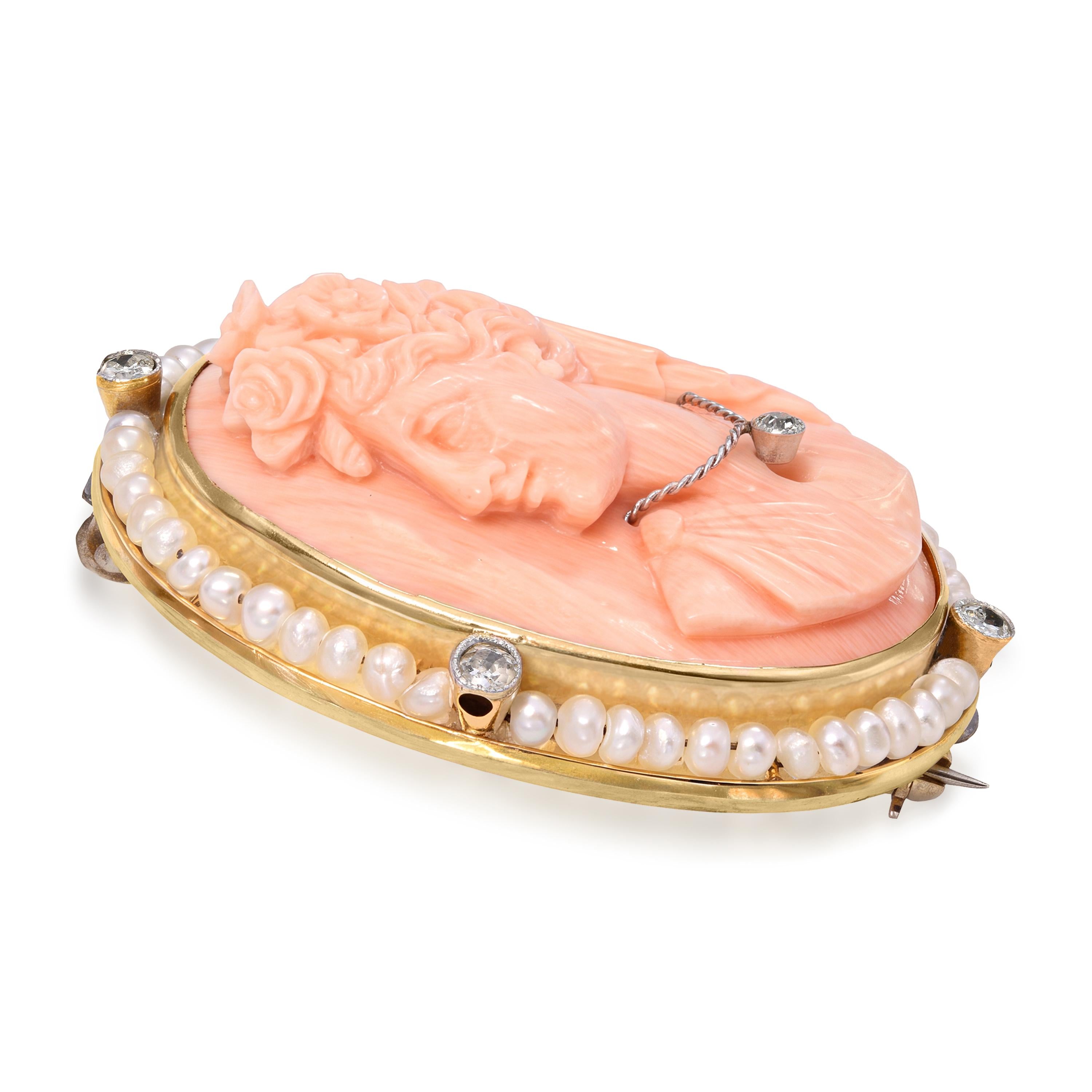 Antique Yellow Gold Coral Cameo with Seed Pearl & Diamond Frame Brooch
