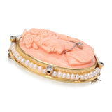 Antique Yellow Gold Coral Cameo with Seed Pearl & Diamond Frame Brooch