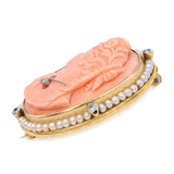 Antique Yellow Gold Coral Cameo with Seed Pearl & Diamond Frame Brooch