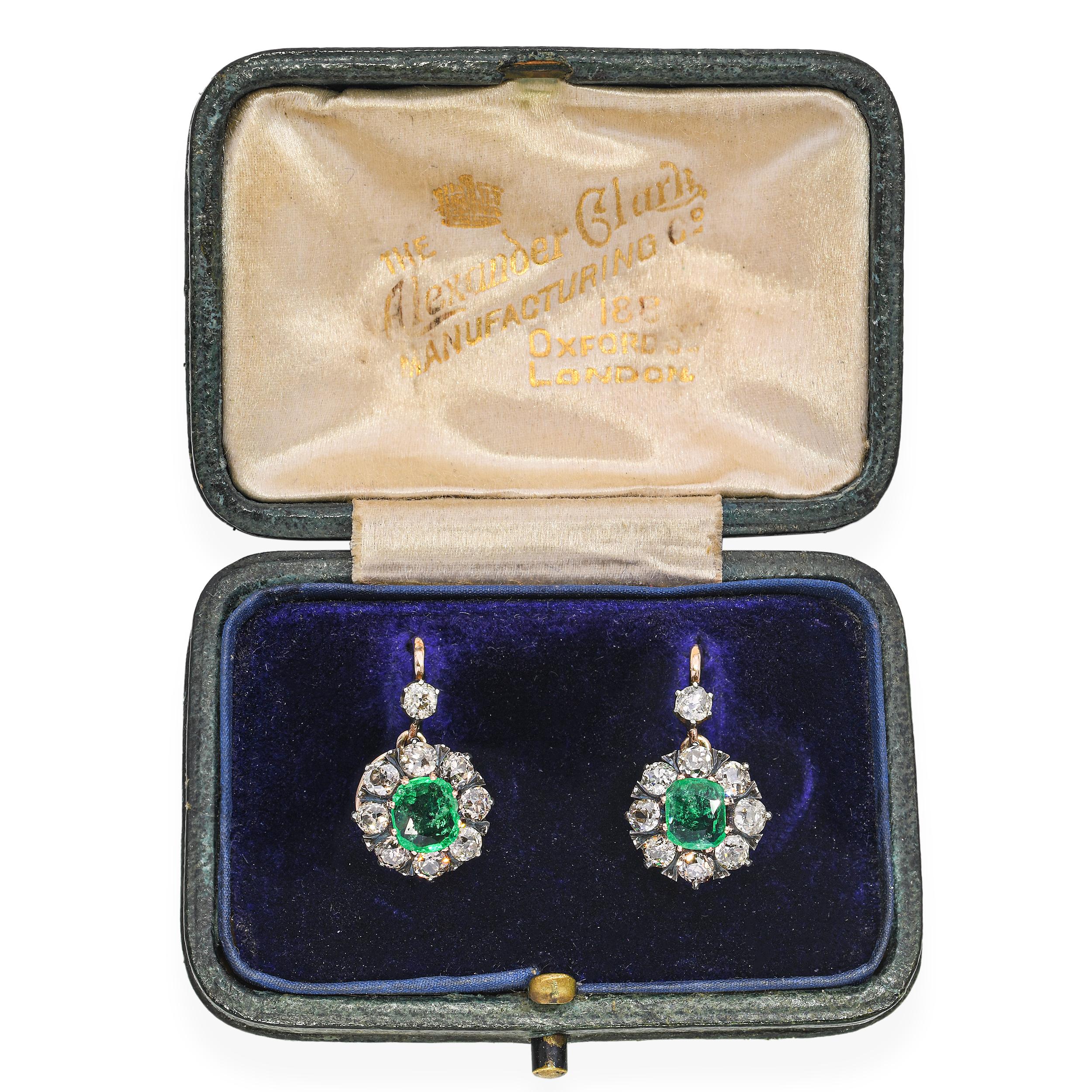 Antique 18k Yellow Gold & Silver Diamond and Colombian Emerald Earrings