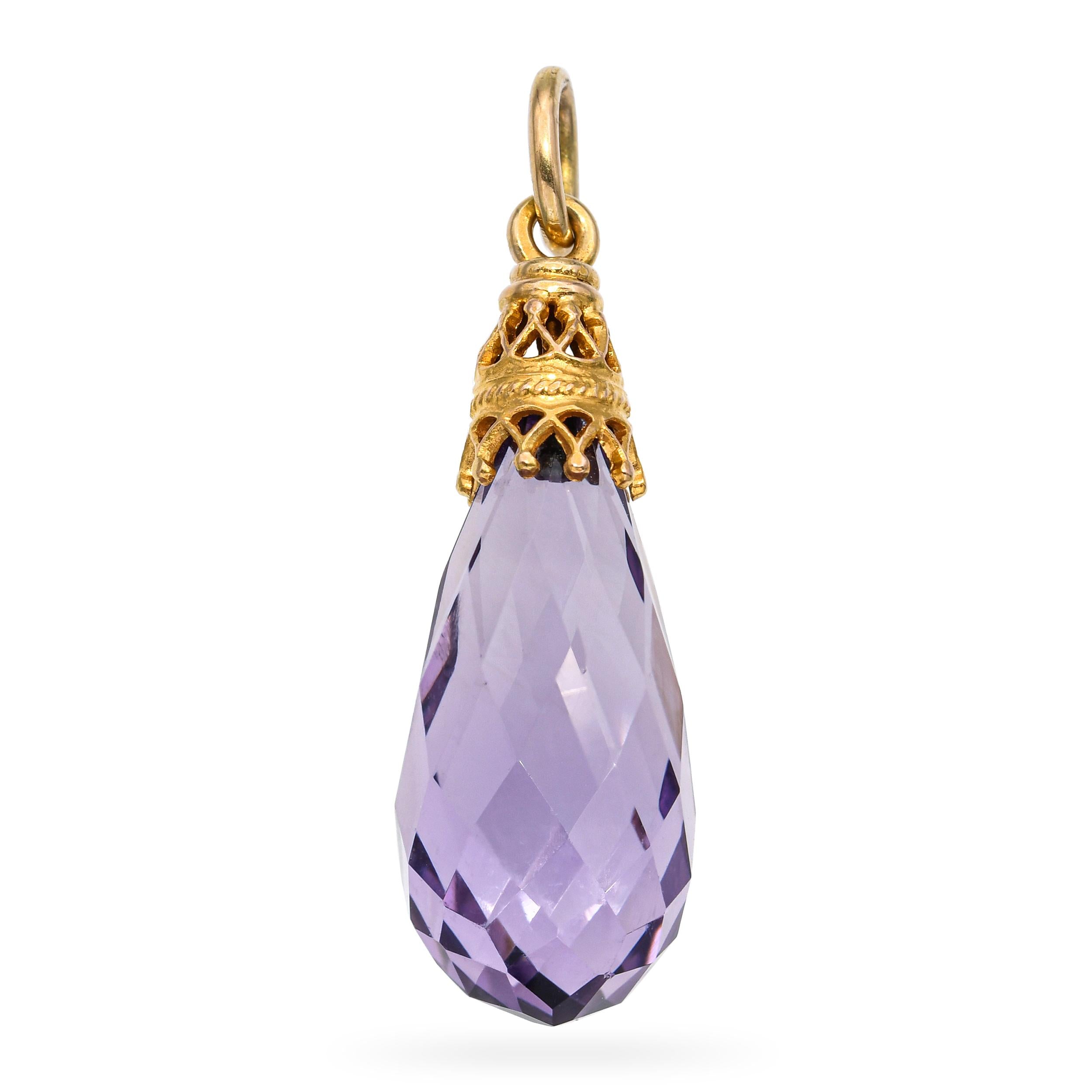 Vintage 15k Yellow Gold Amethyst Briolette Drop Pendant