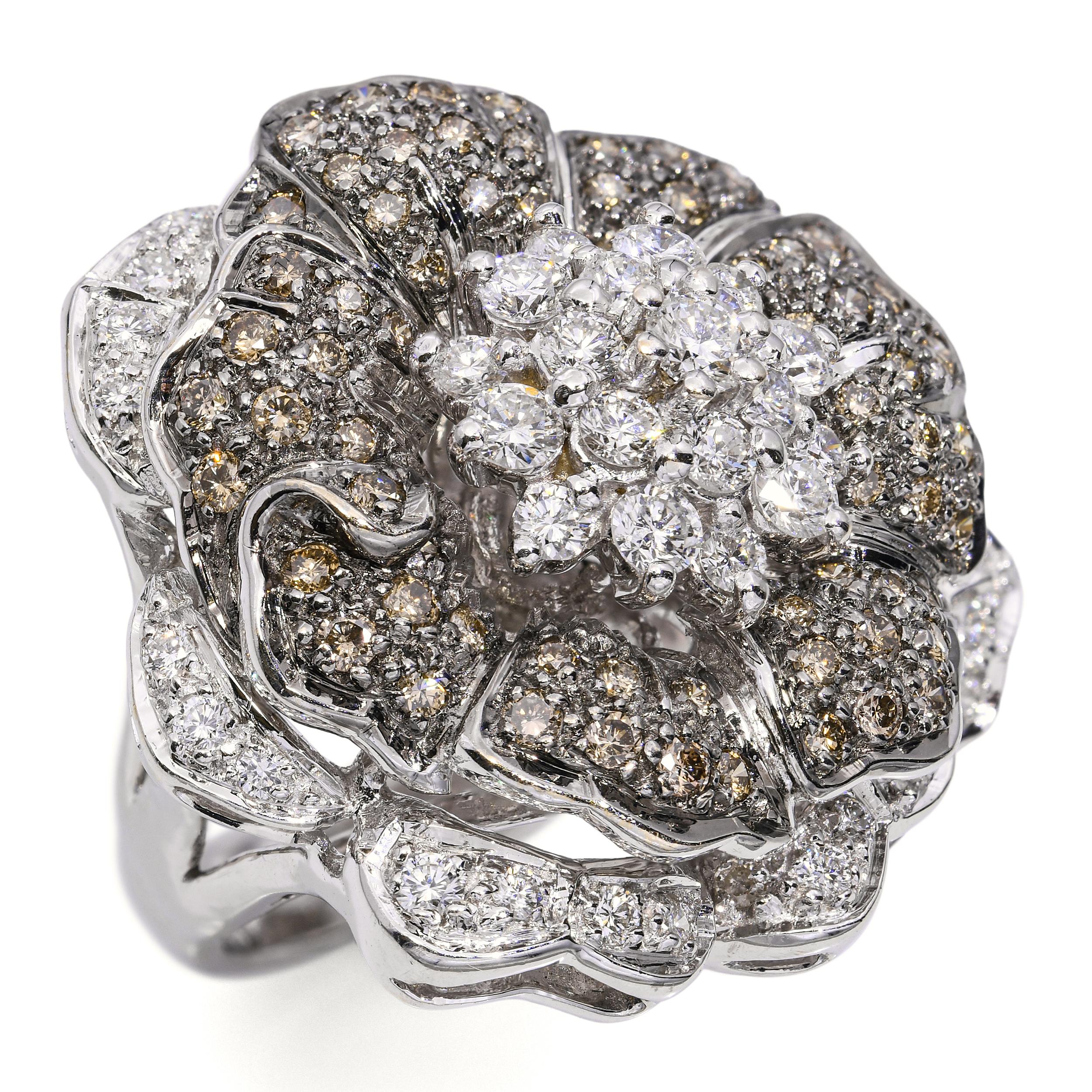 18k White Gold 2.69tcw Chocolate & White Diamond Flower Statement Ring