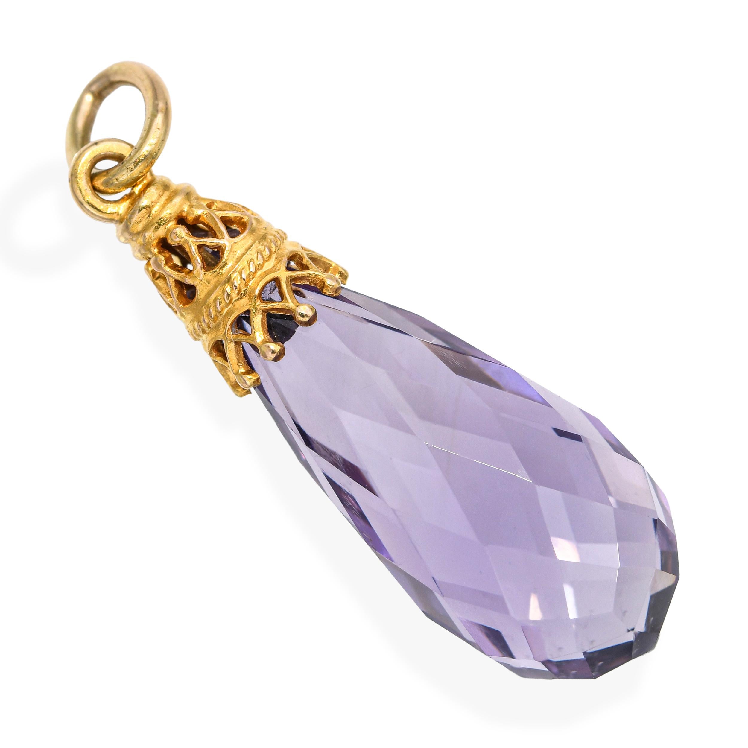 Vintage 15k Yellow Gold Amethyst Briolette Drop Pendant
