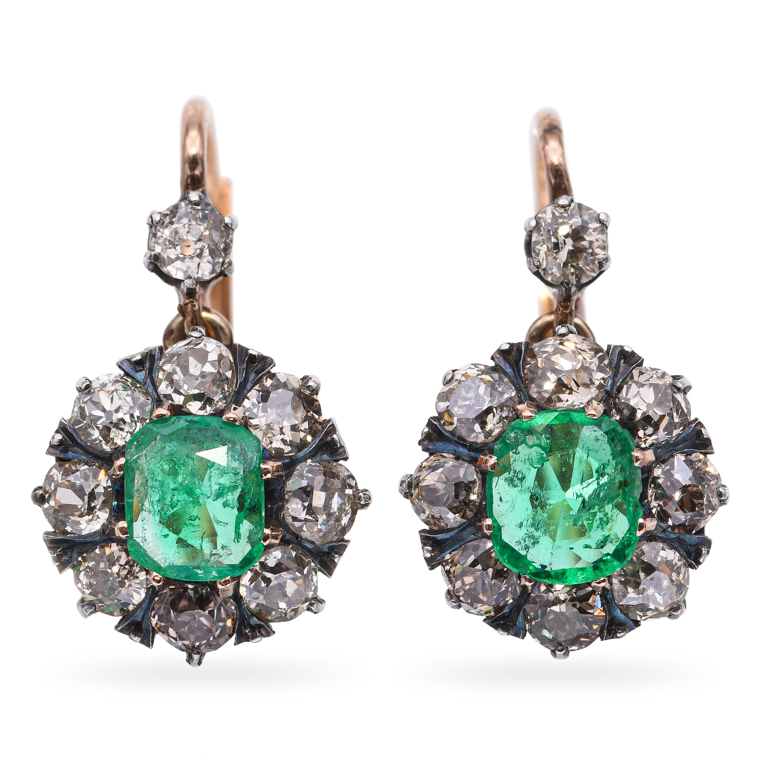 Antique 18k Yellow Gold & Silver Diamond and Colombian Emerald Earrings