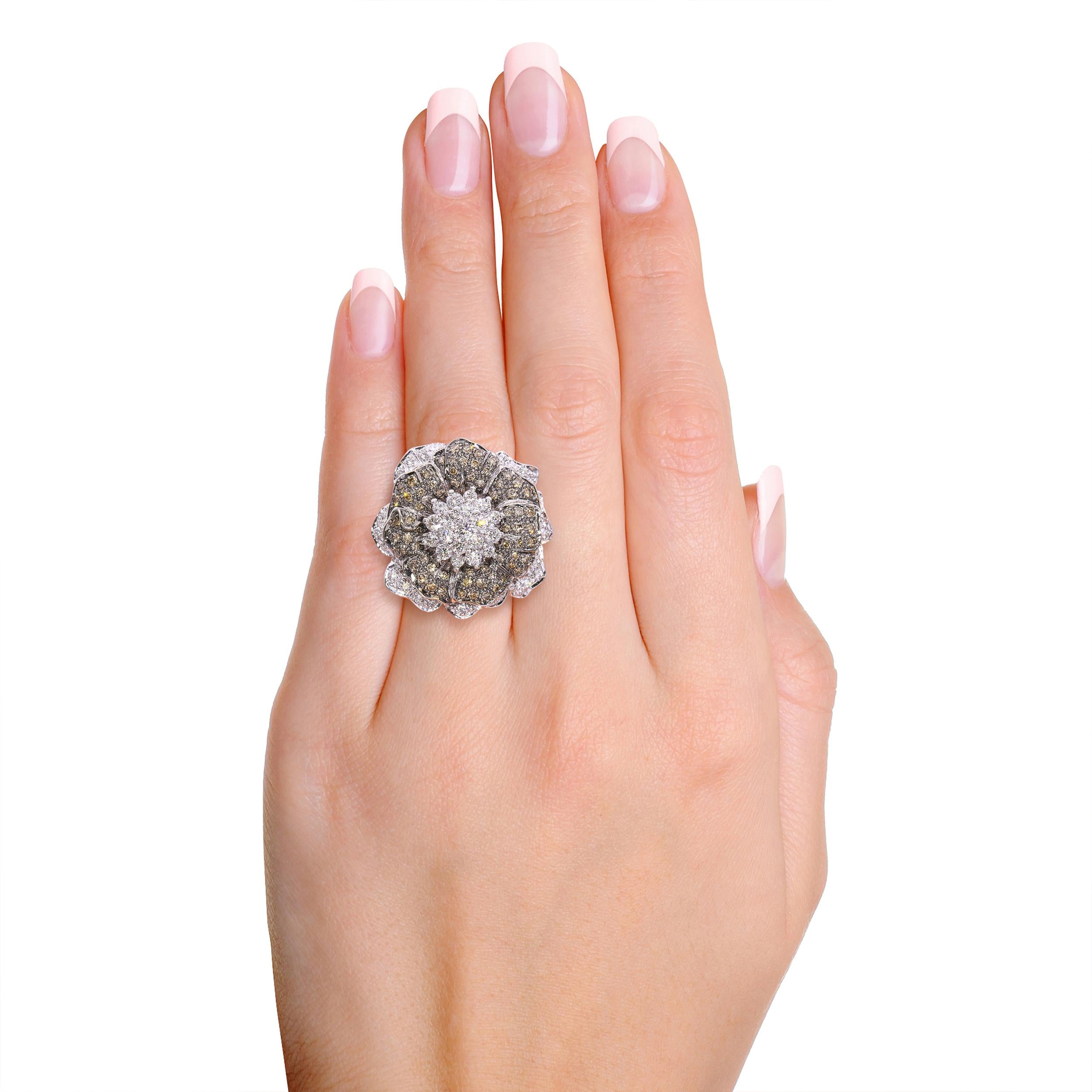 18k White Gold 2.69tcw Chocolate & White Diamond Flower Statement Ring