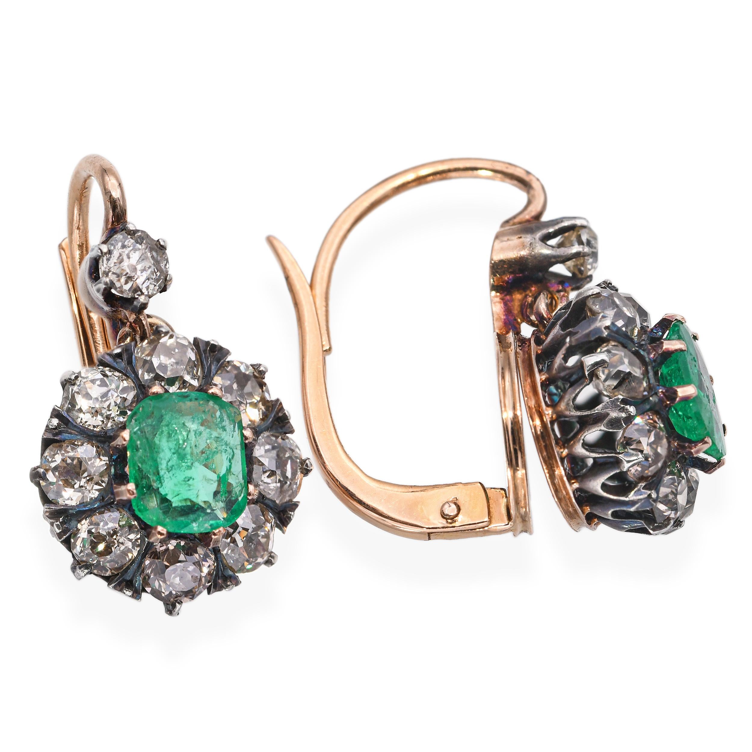 Antique 18k Yellow Gold & Silver Diamond and Colombian Emerald Earrings