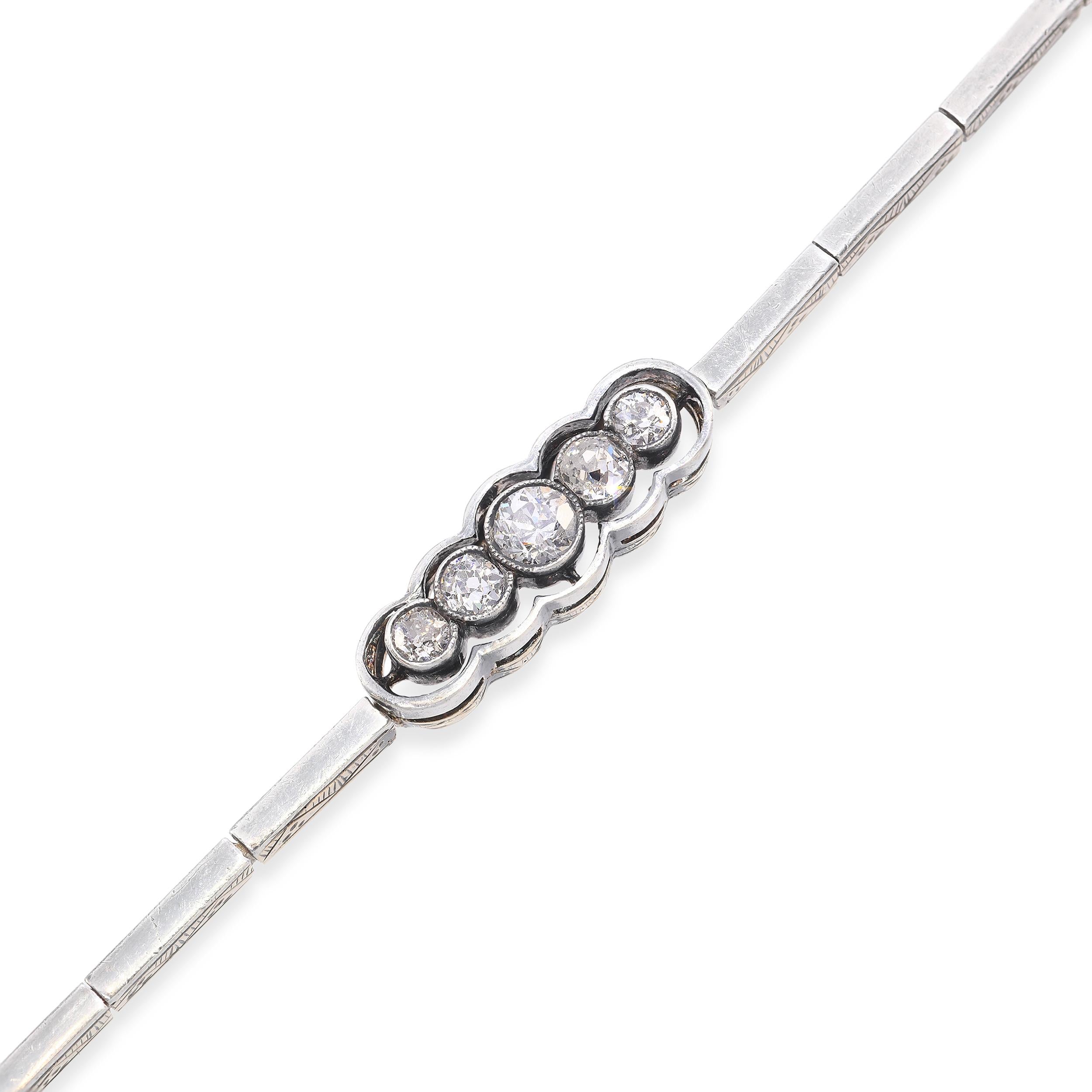 Antique Edwardian 14k Yellow Gold Sterling Silver Top Old Euro Diamond Bracelet