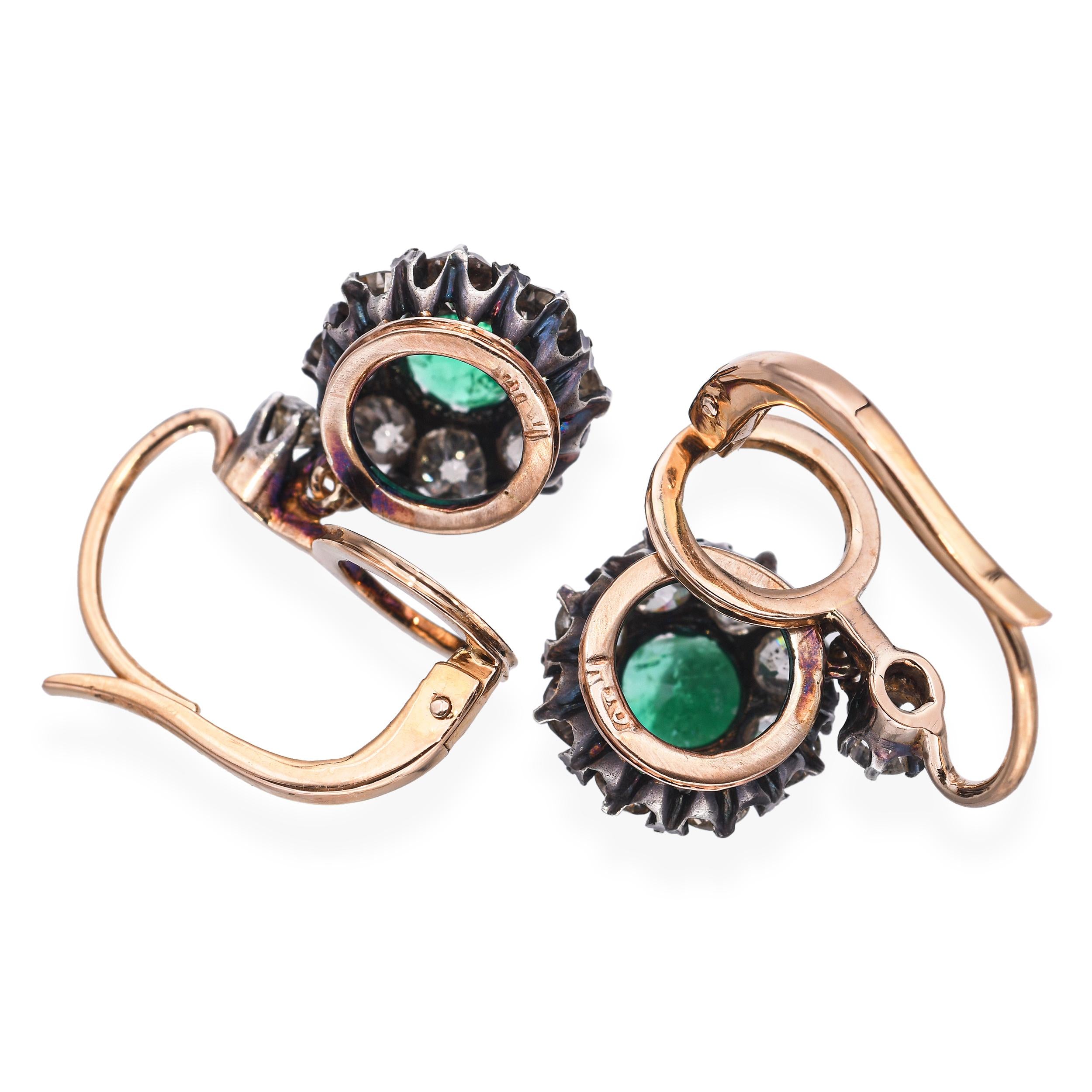 Antique 18k Yellow Gold & Silver Diamond and Colombian Emerald Earrings