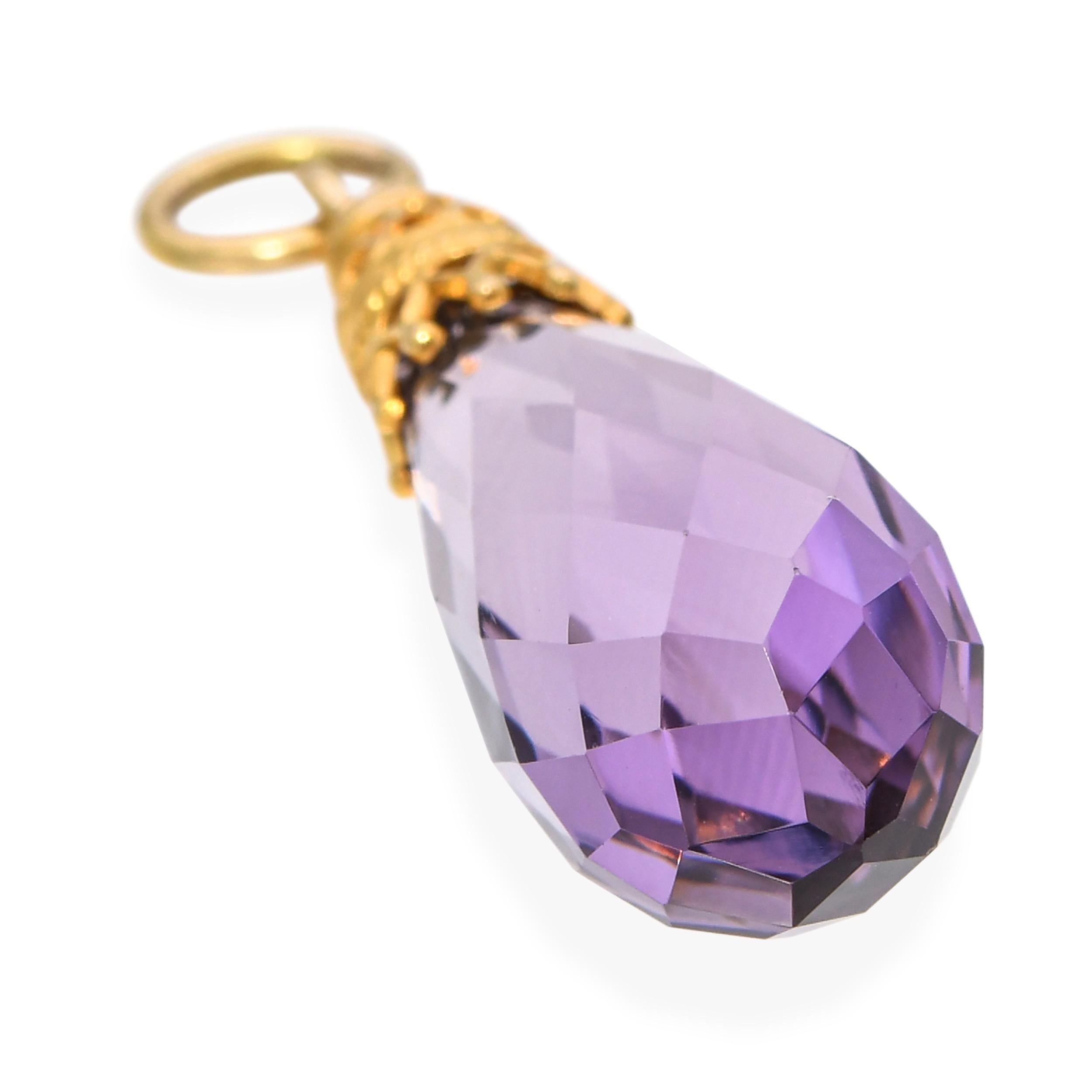 Vintage 15k Yellow Gold Amethyst Briolette Drop Pendant