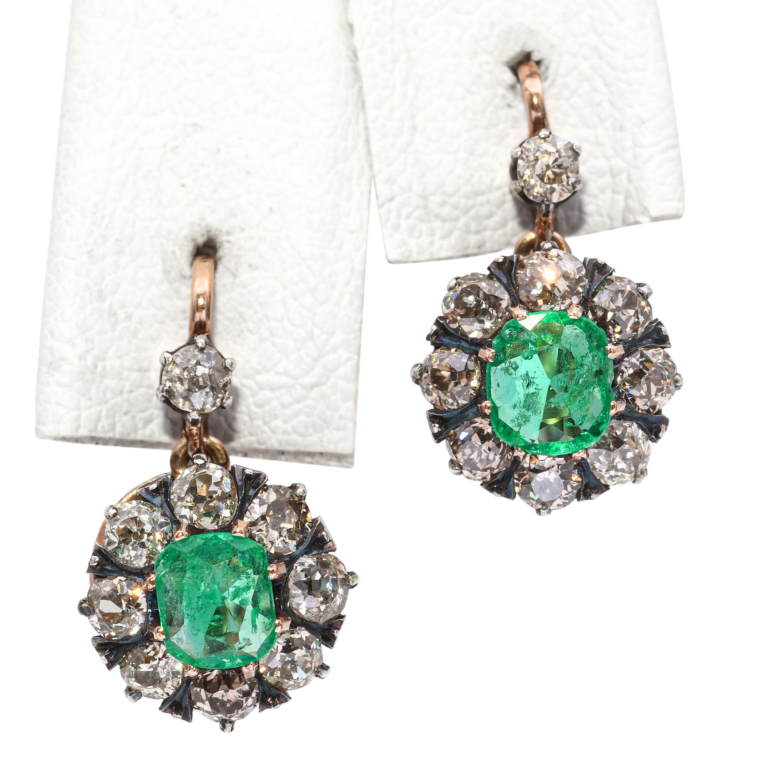 Antique 18k Yellow Gold & Silver Diamond and Colombian Emerald Earrings