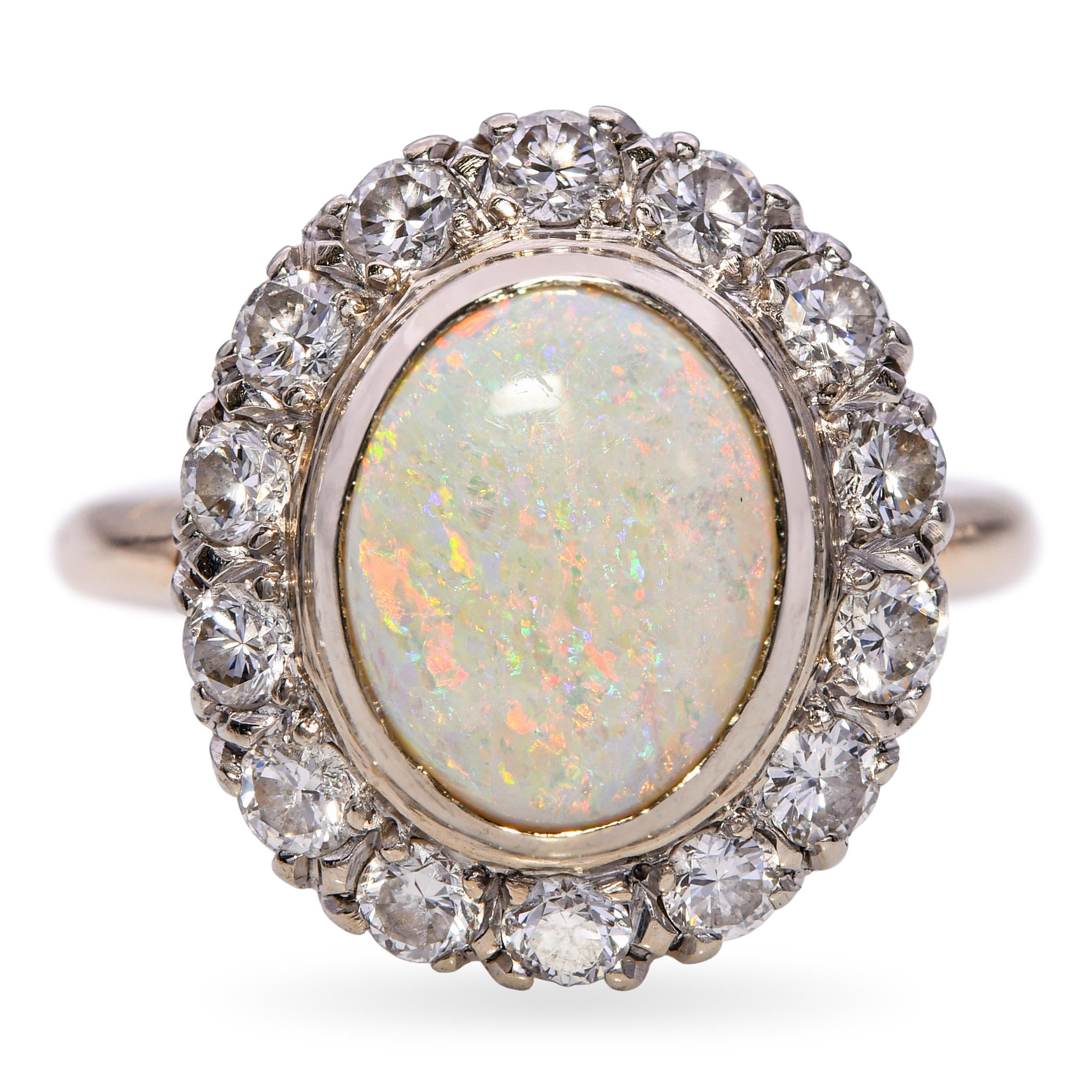 Vintage 14k Yellow Gold 1.41ct Australian Opal .70tcw Diamond Halo Ring