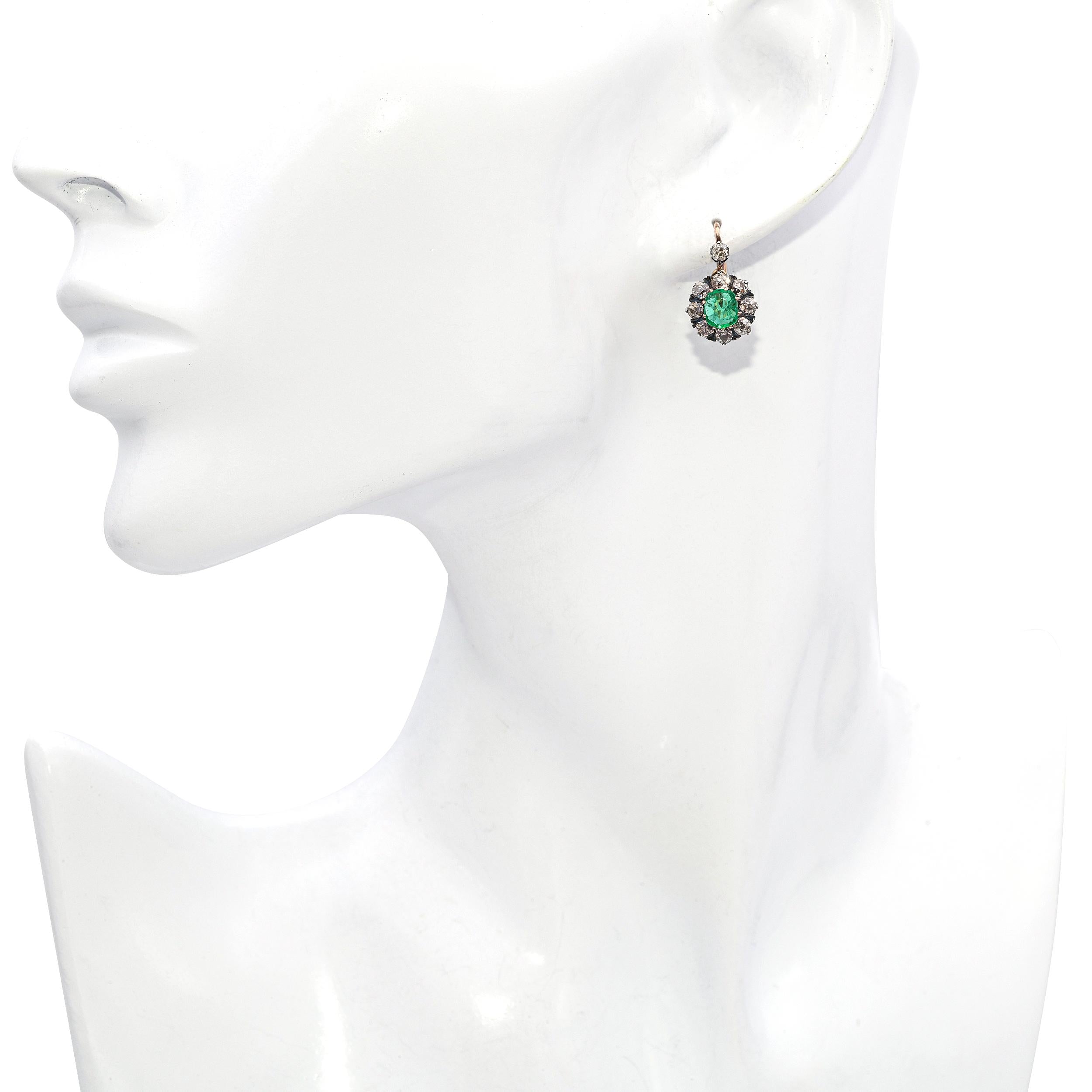 Antique 18k Yellow Gold & Silver Diamond and Colombian Emerald Earrings
