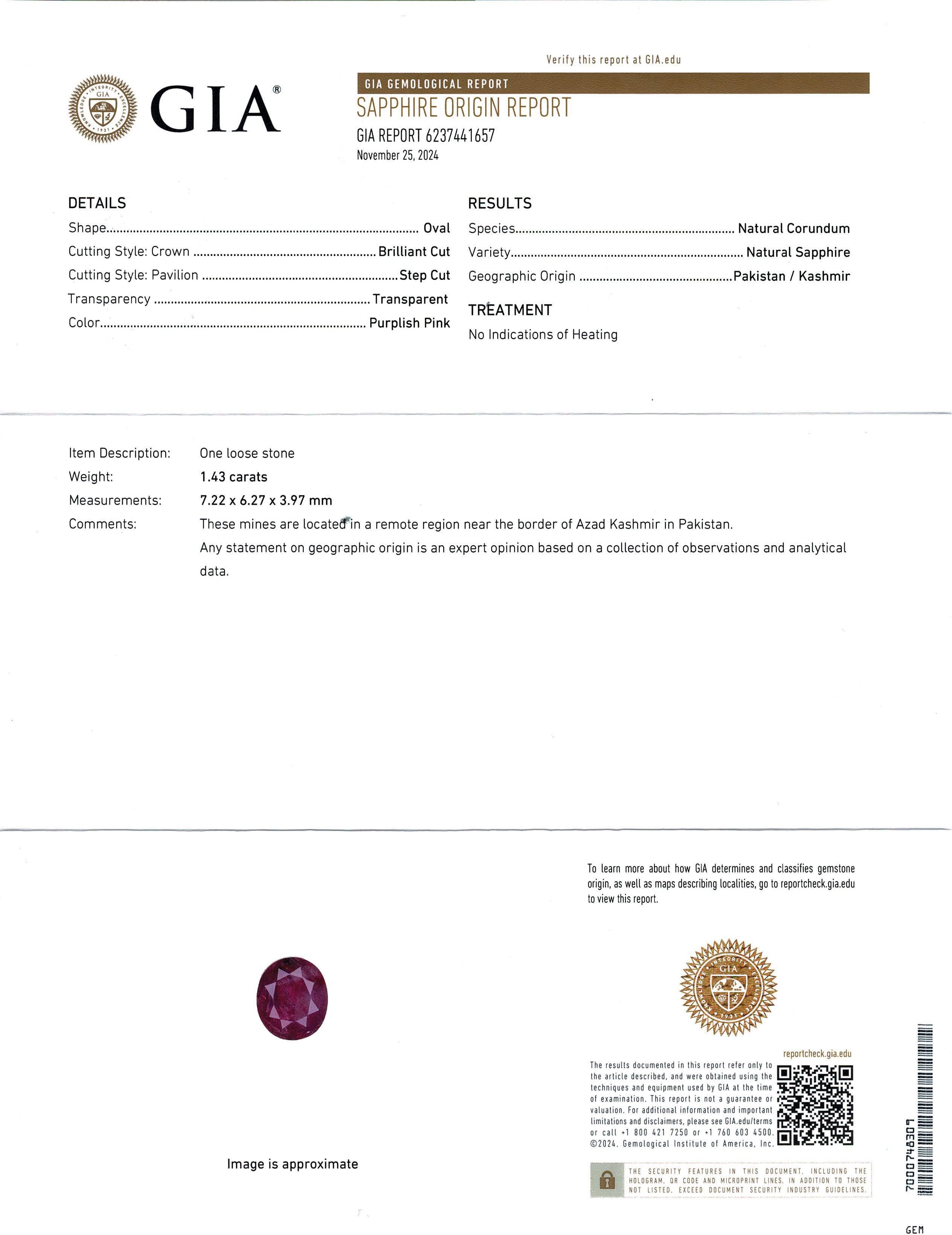 Platinum 1.43ct Pink Kashmir Sapphire and 1.18tcw Diamond Pave Ring