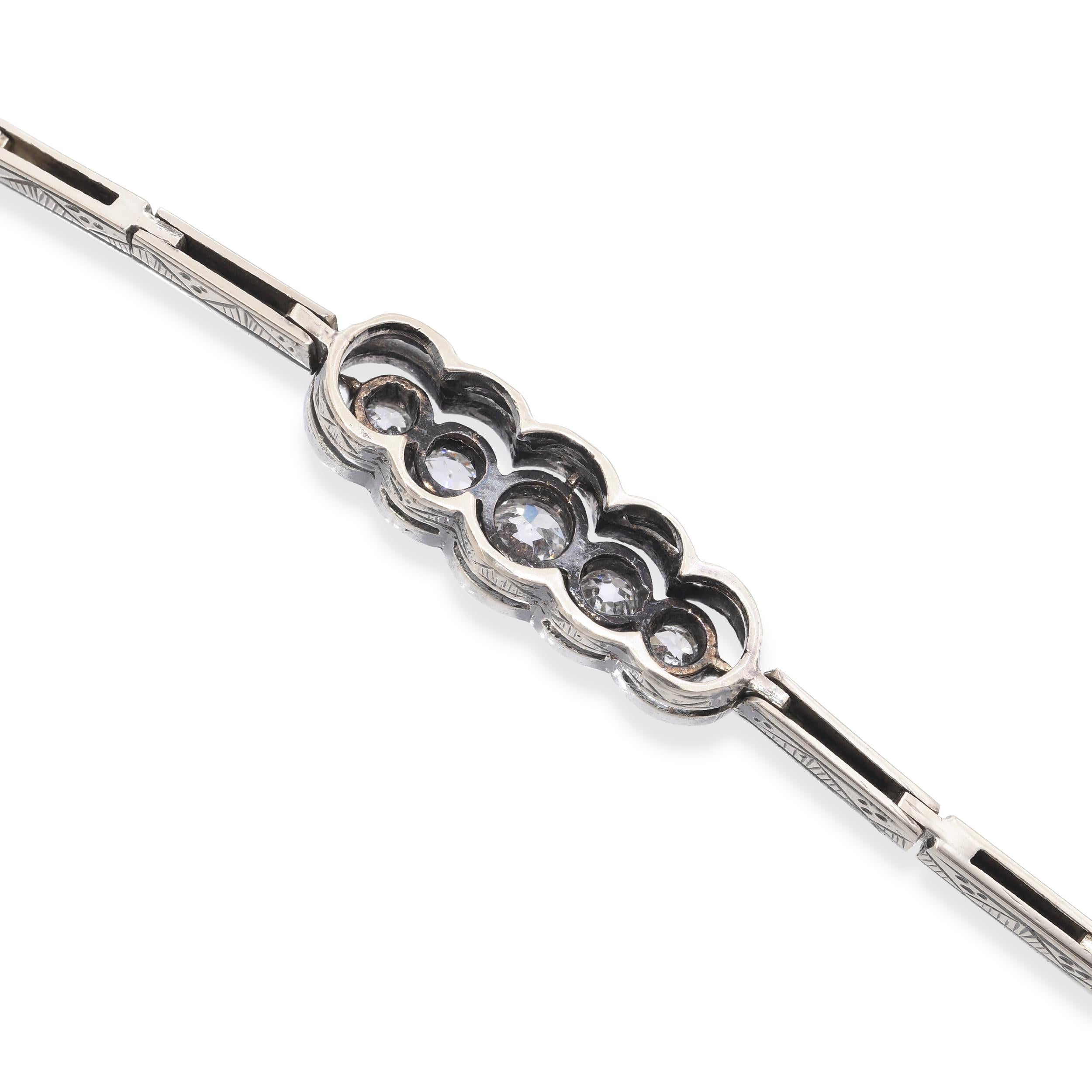 Antique Edwardian 14k Yellow Gold Sterling Silver Top Old Euro Diamond Bracelet