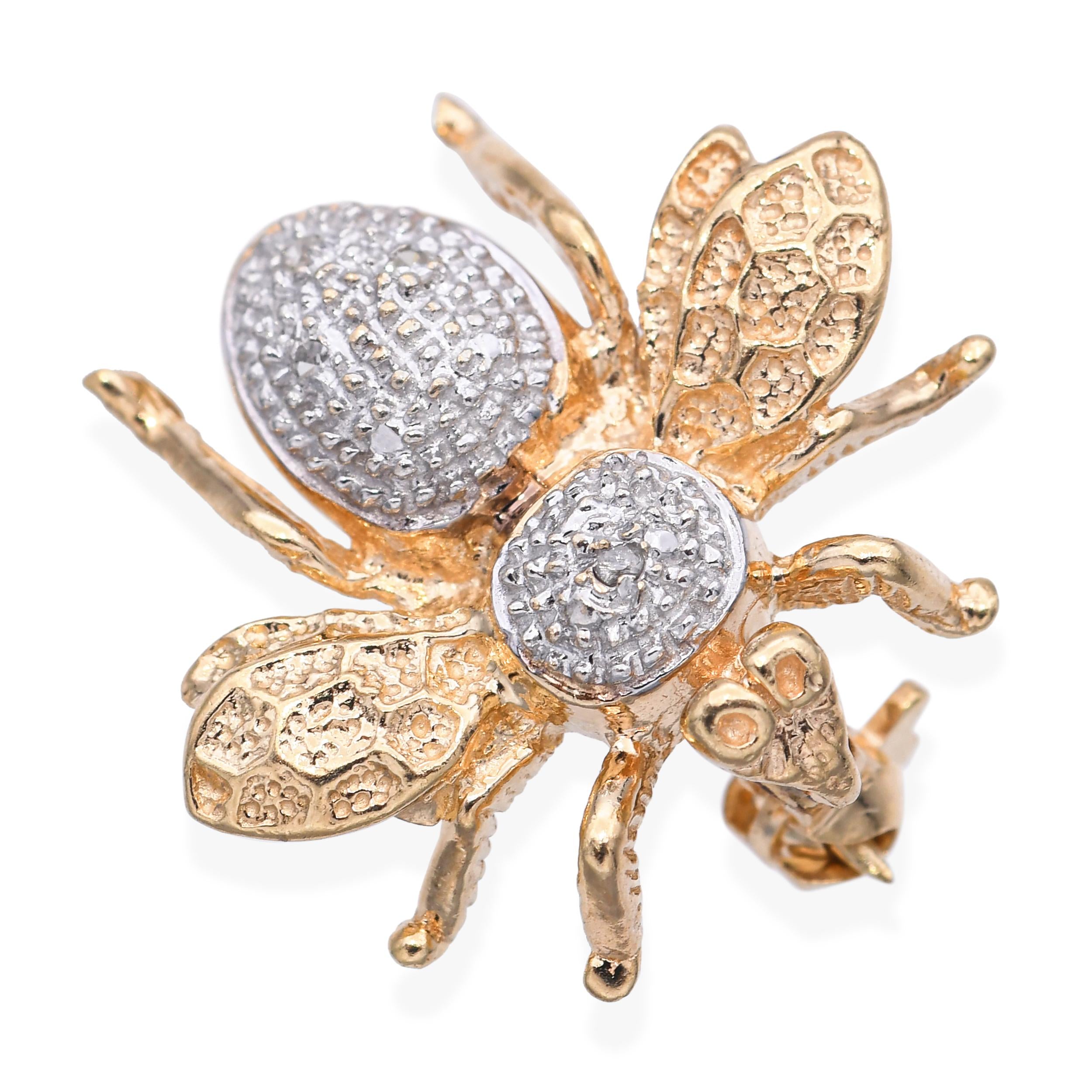Vintage 14k Yellow Gold and Diamond Bumblebee Brooch