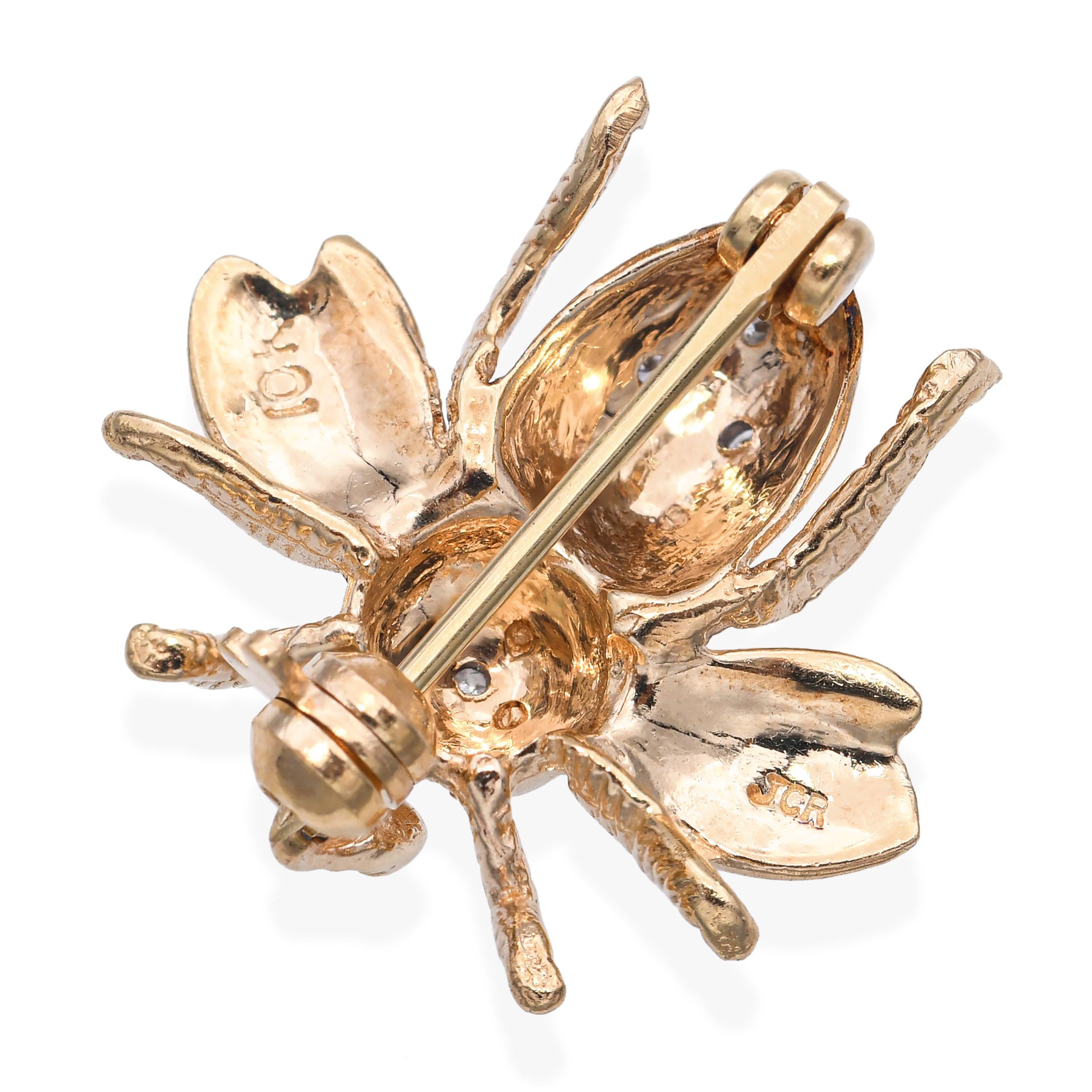 Vintage 14k Yellow Gold and Diamond Bumblebee Brooch