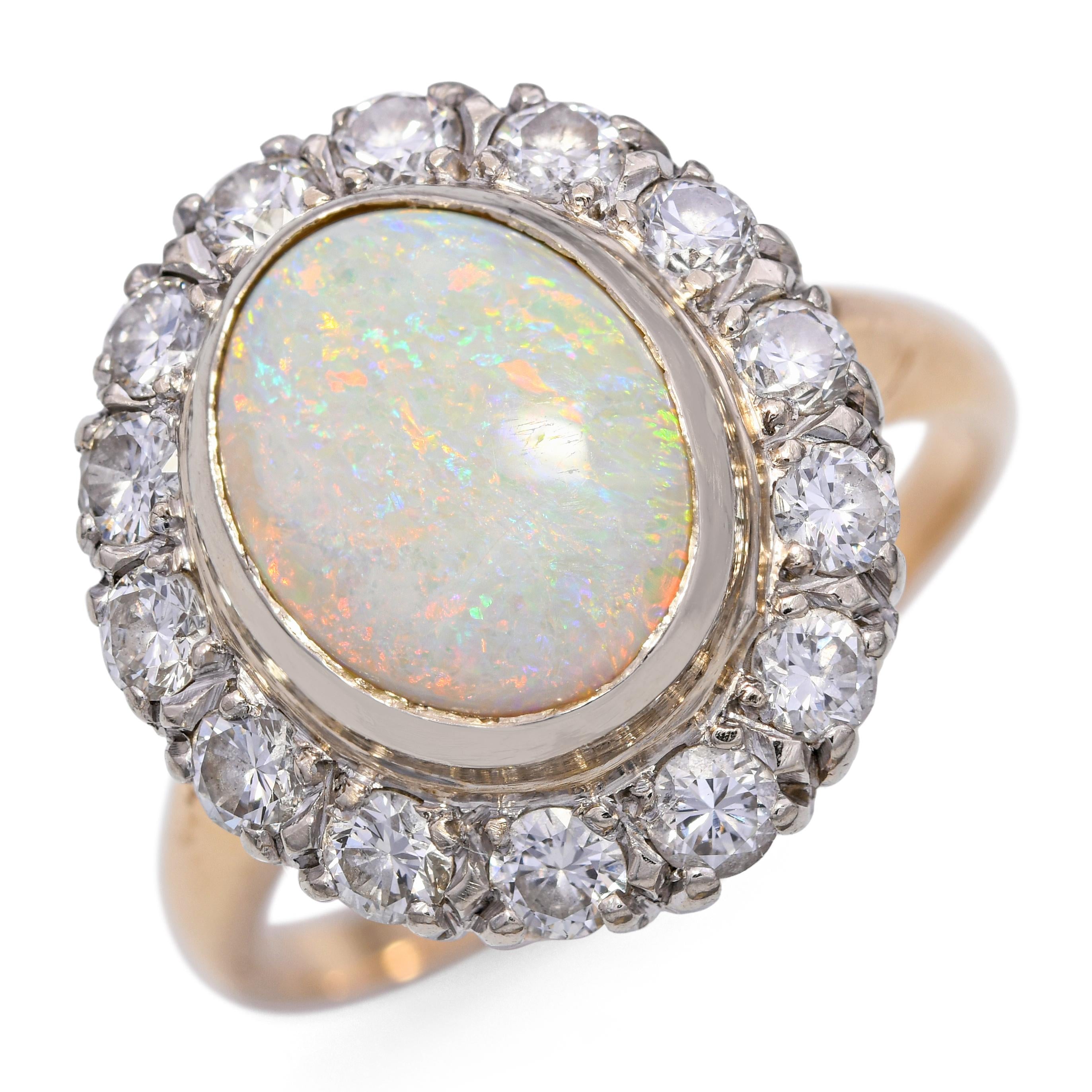 Vintage 14k Yellow Gold 1.41ct Australian Opal .70tcw Diamond Halo Ring
