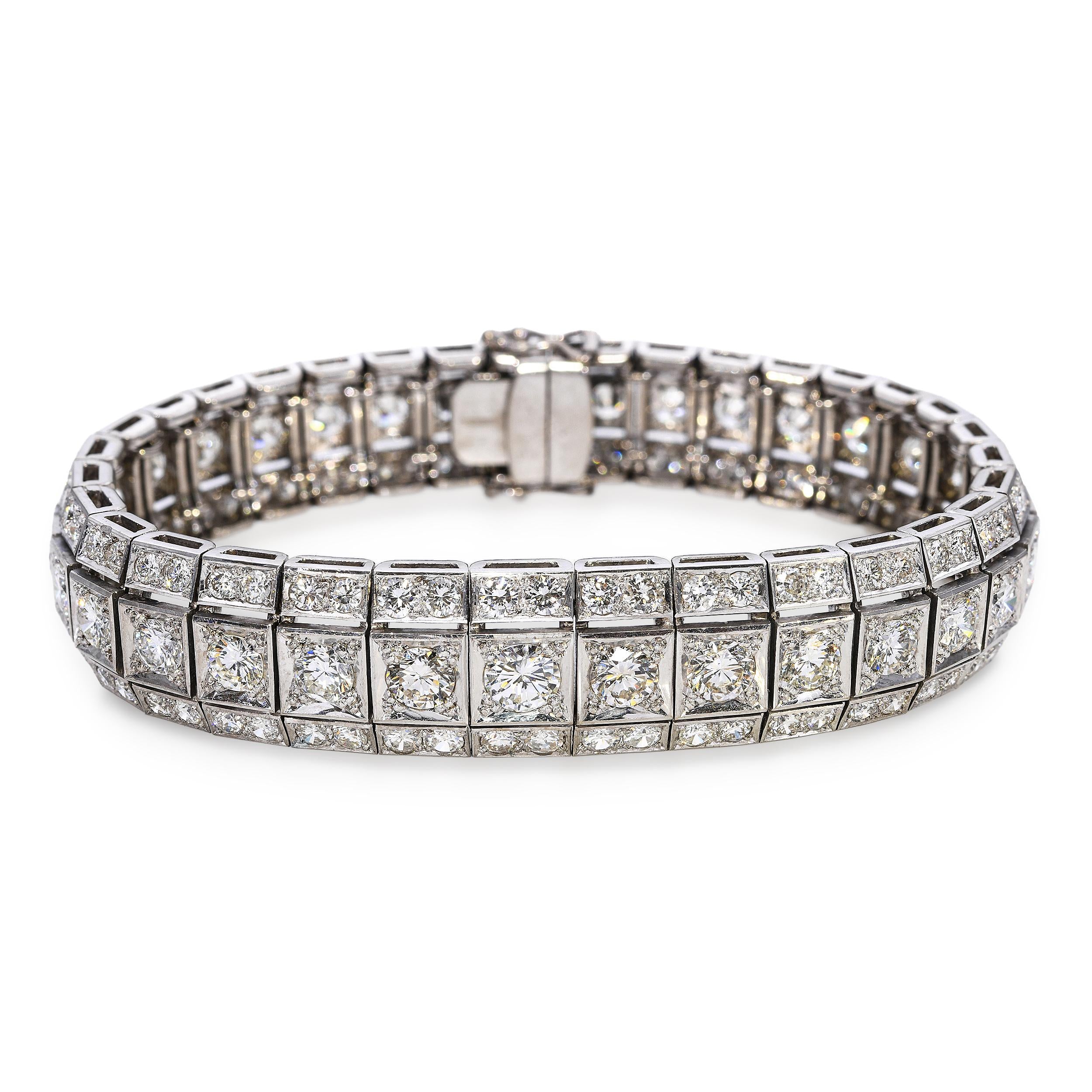 Art Deco Style 17k White Gold Multi Row Graduated 19.57tcw Diamond Line Bracelet