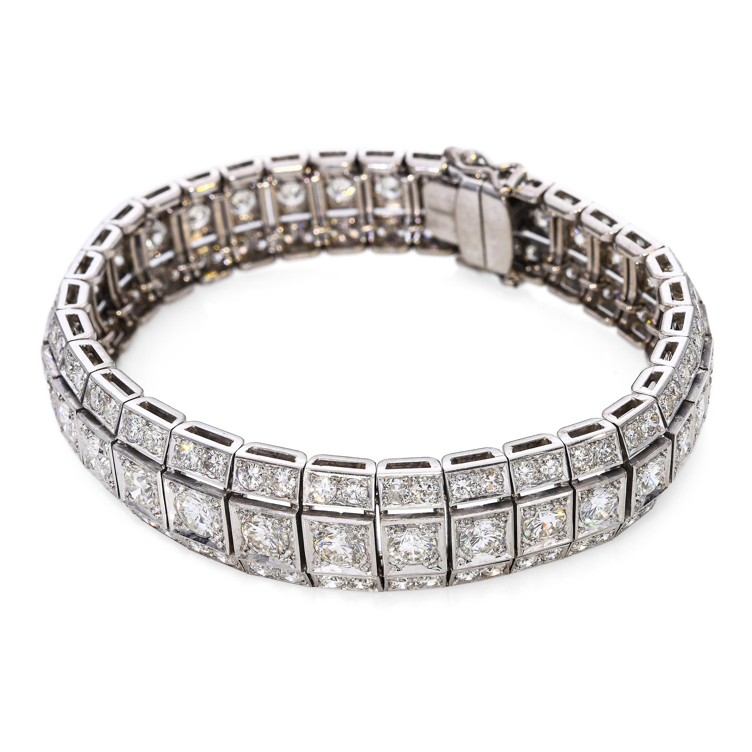 Art Deco Style 17k White Gold Multi Row Graduated 19.57tcw Diamond Line Bracelet