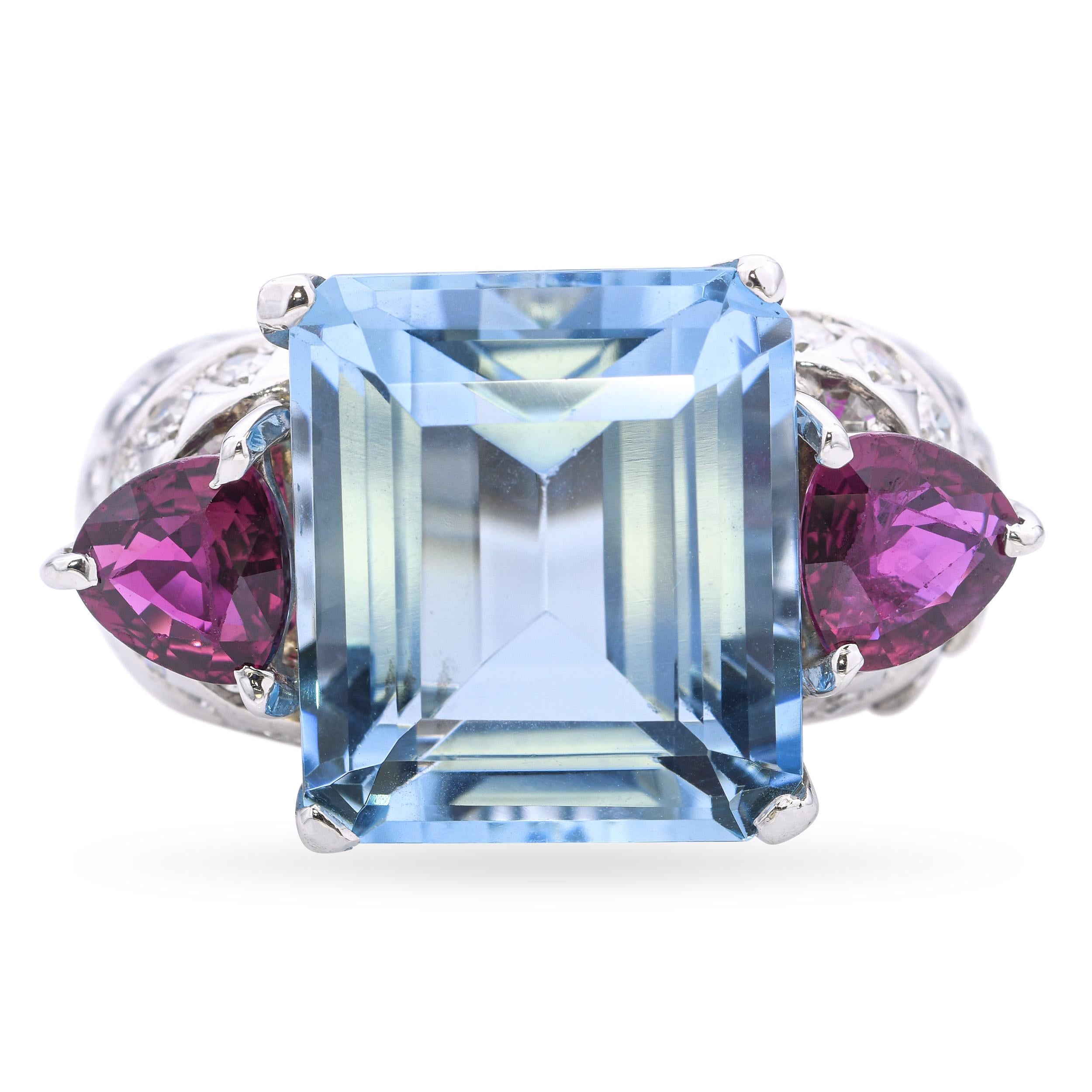 Vintage Platinum 12.0ct Aquamarine and 1.10tcw Ruby Statement Ring