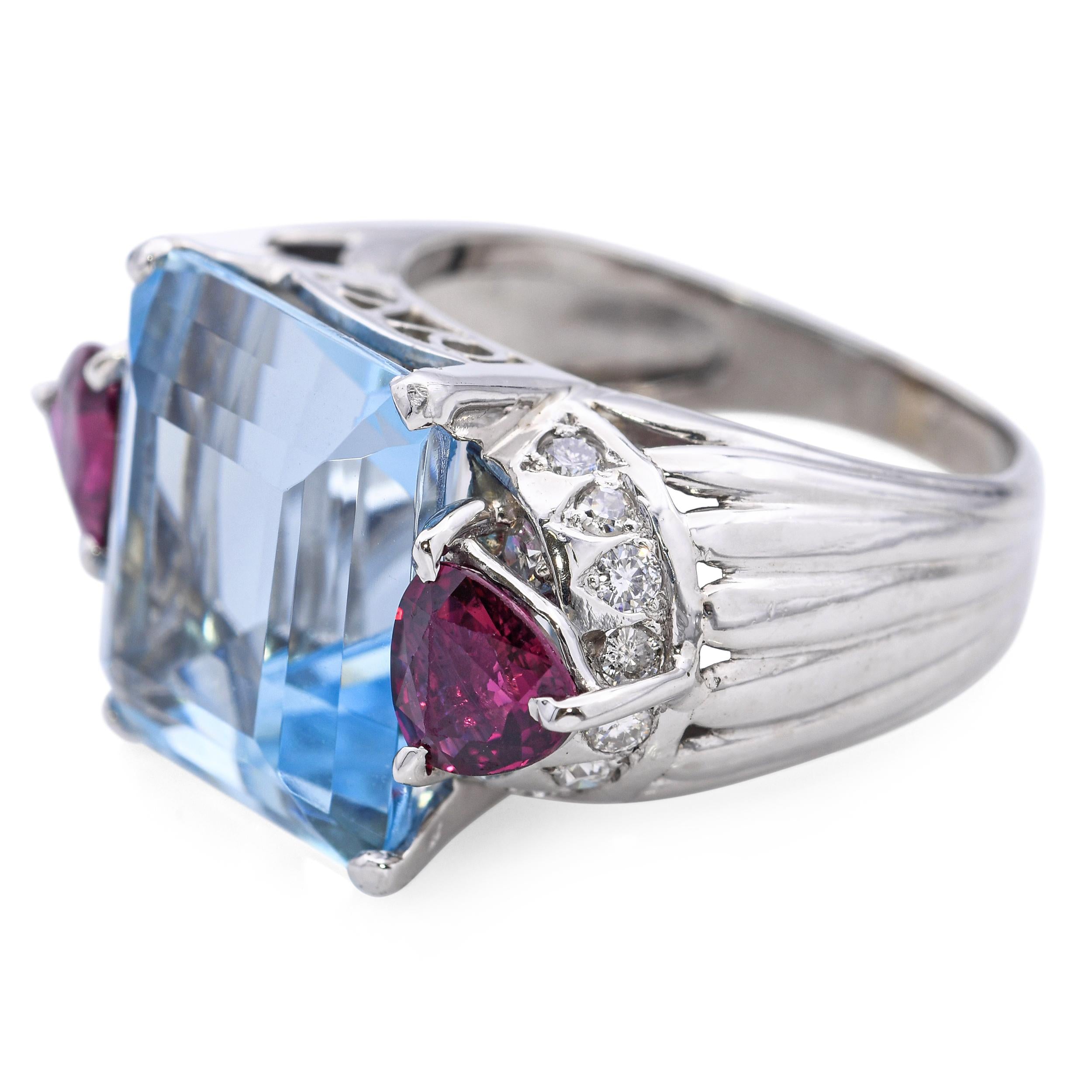 Vintage Platinum 12.0ct Aquamarine and 1.10tcw Ruby Statement Ring