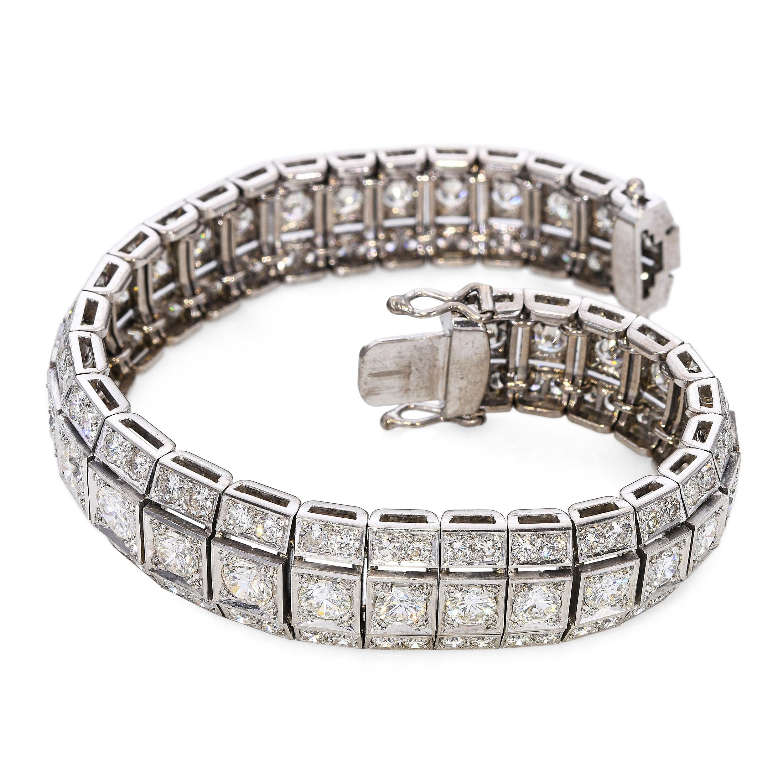 Art Deco Style 17k White Gold Multi Row Graduated 19.57tcw Diamond Line Bracelet