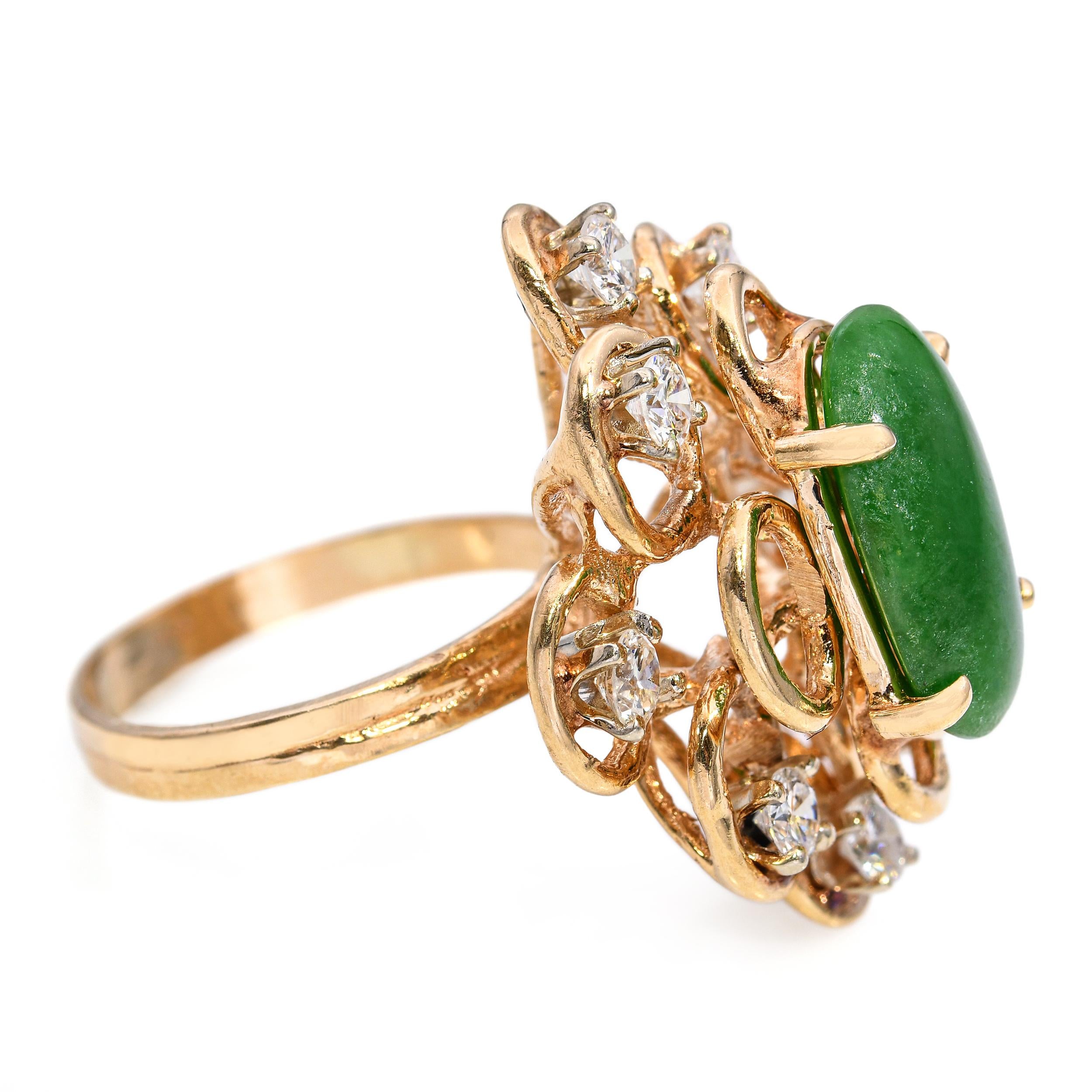 Vintage 14k Yellow Gold 3.80ct Green Jadeite Jade and Diamond Ring