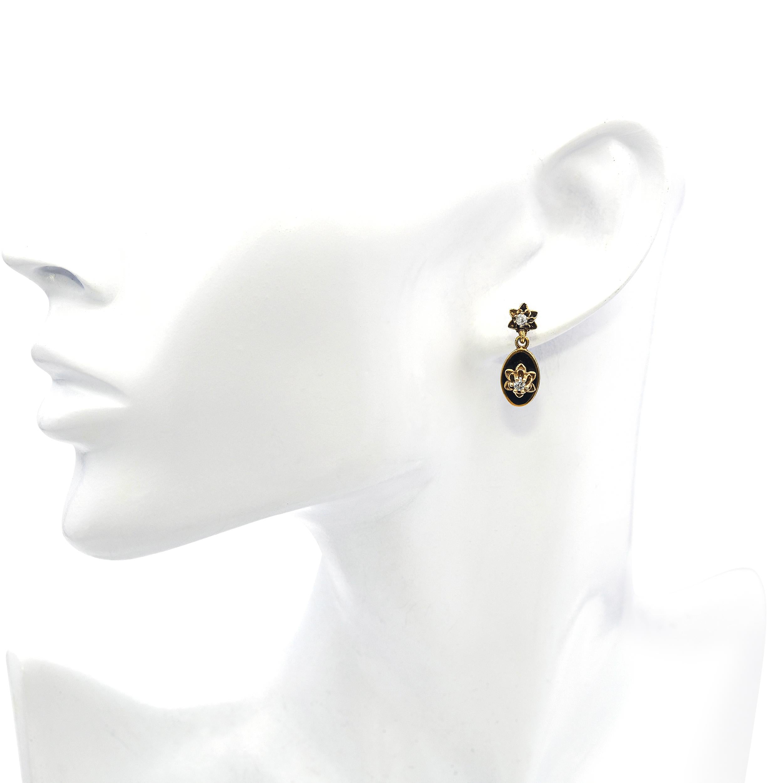 Vintage Yellow Gold Diamond and Enamel Dangle Earrings