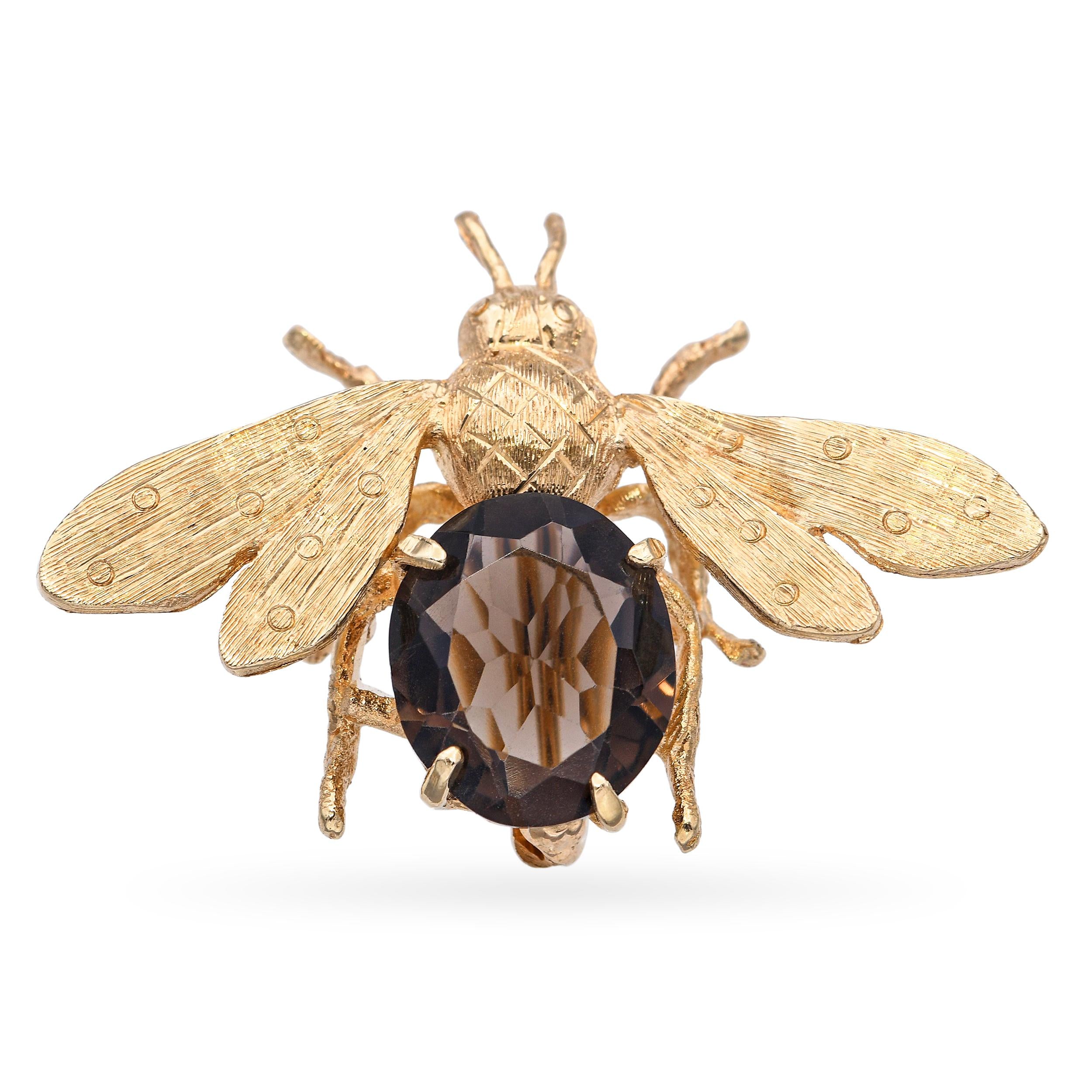 Vintage 14k Yellow Gold Smoky Quartz Bumblebee Brooch