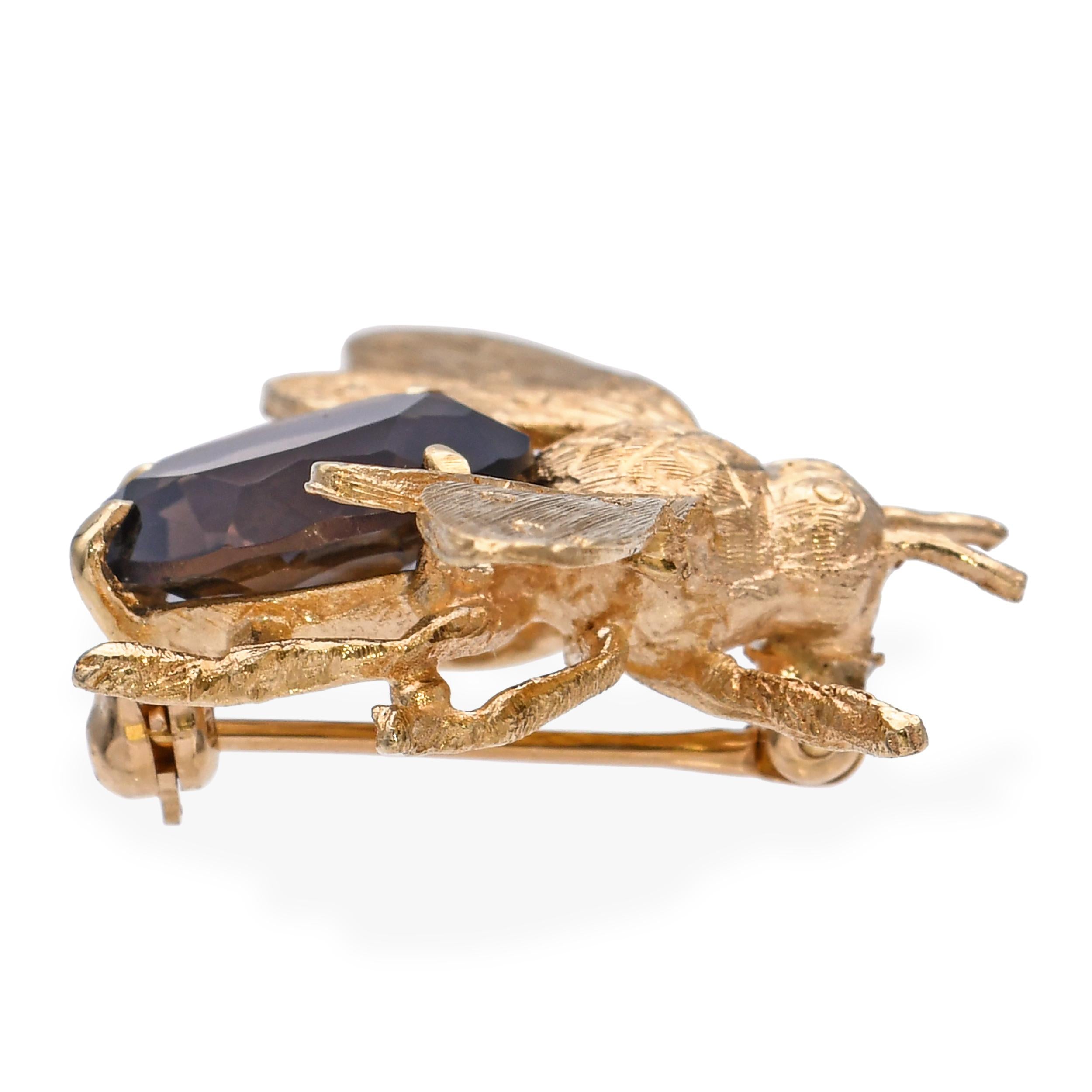 Vintage 14k Yellow Gold Smoky Quartz Bumblebee Brooch