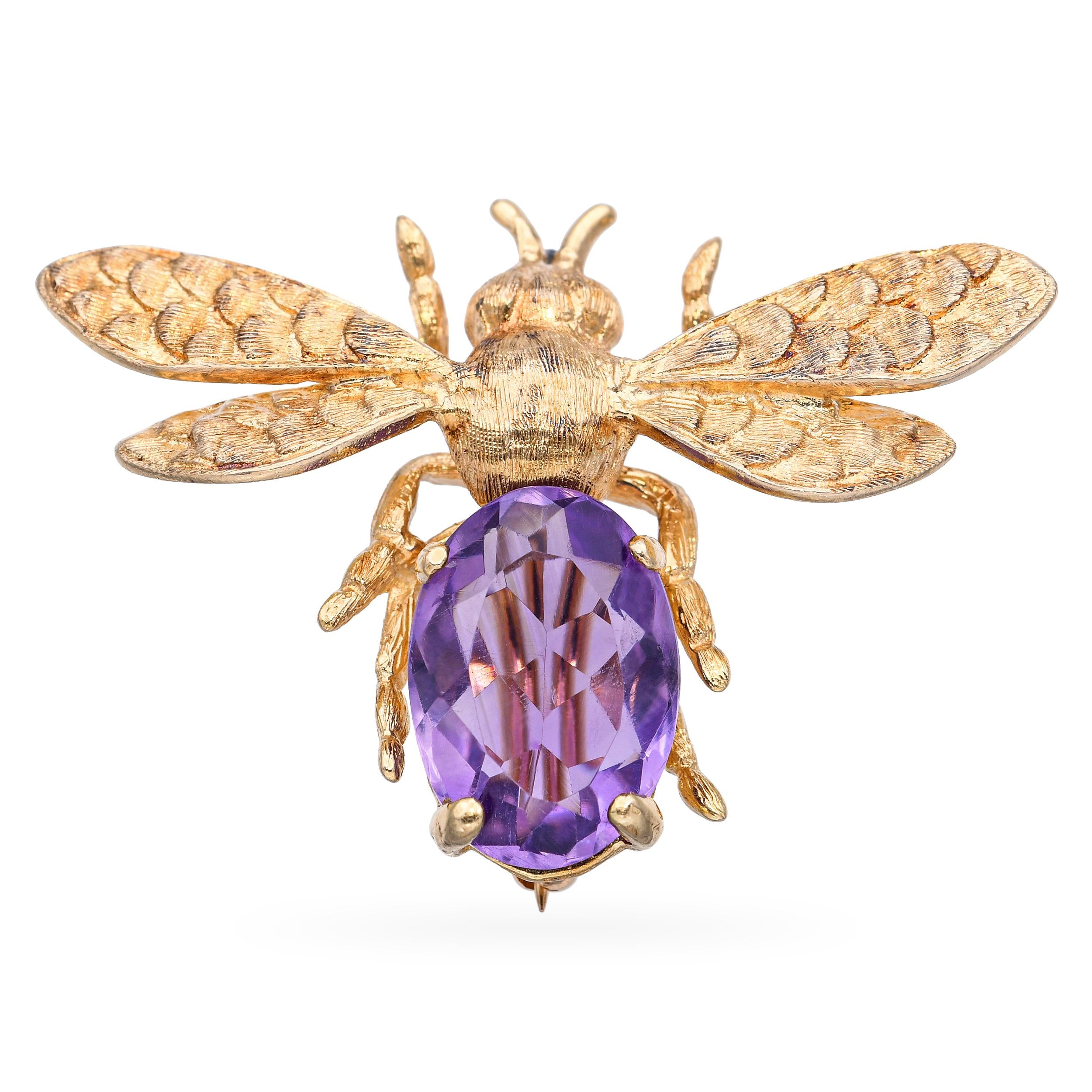Vintage 14k Yellow Gold Amethyst Bumblebee Brooch