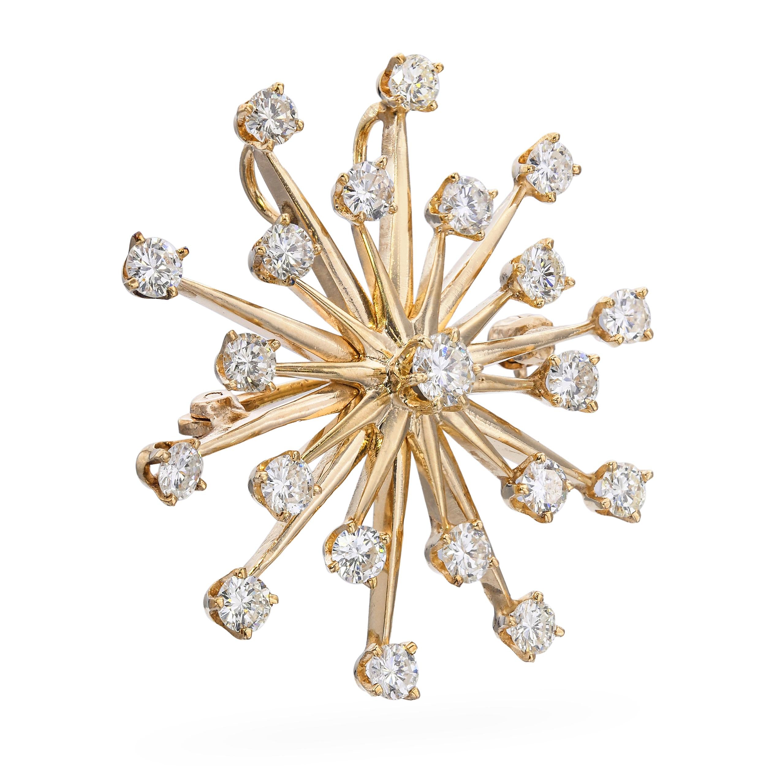 Vintage 14k Yellow Gold 2.37tcw Diamond Starburst Brooch
