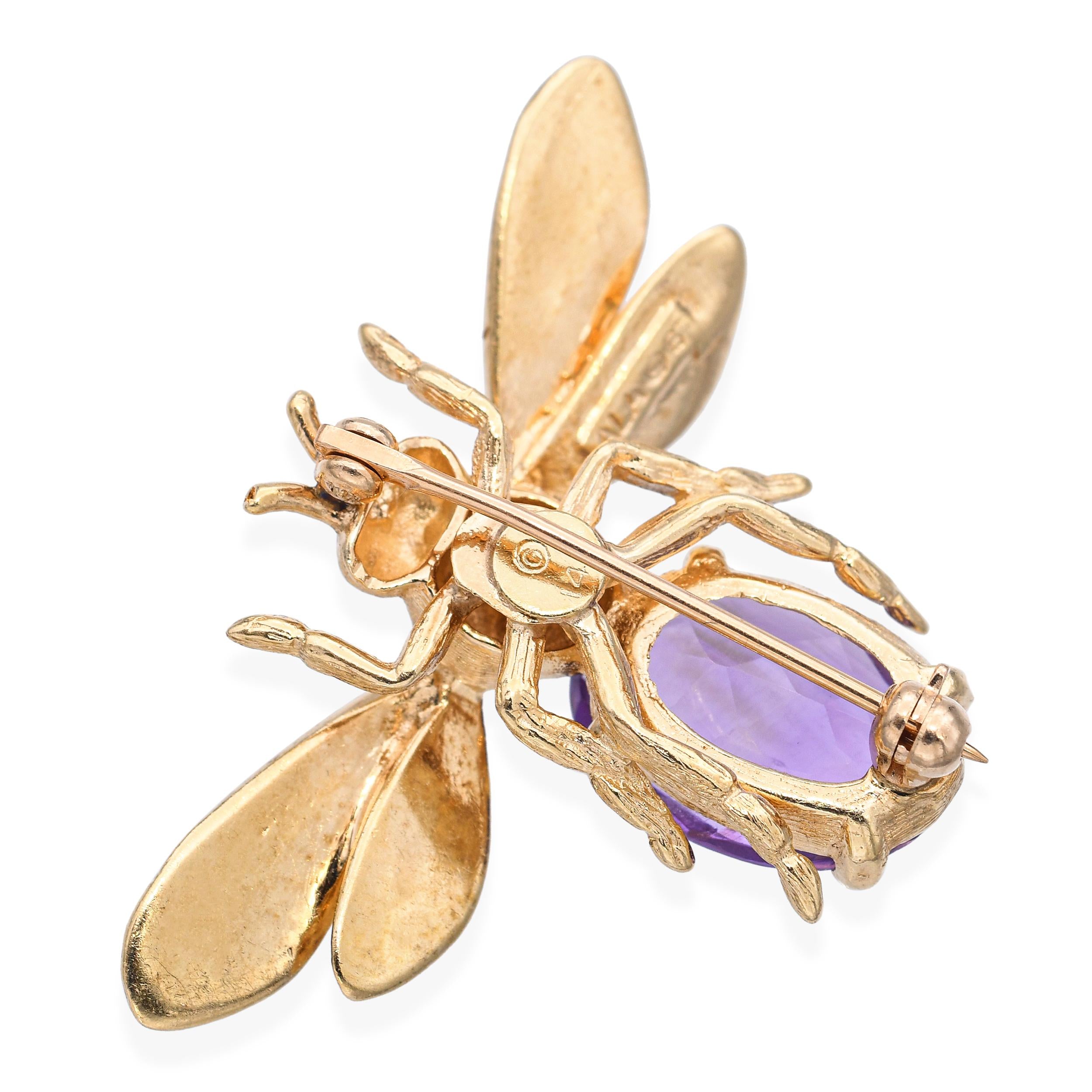 Vintage 14k Yellow Gold Amethyst Bumblebee Brooch
