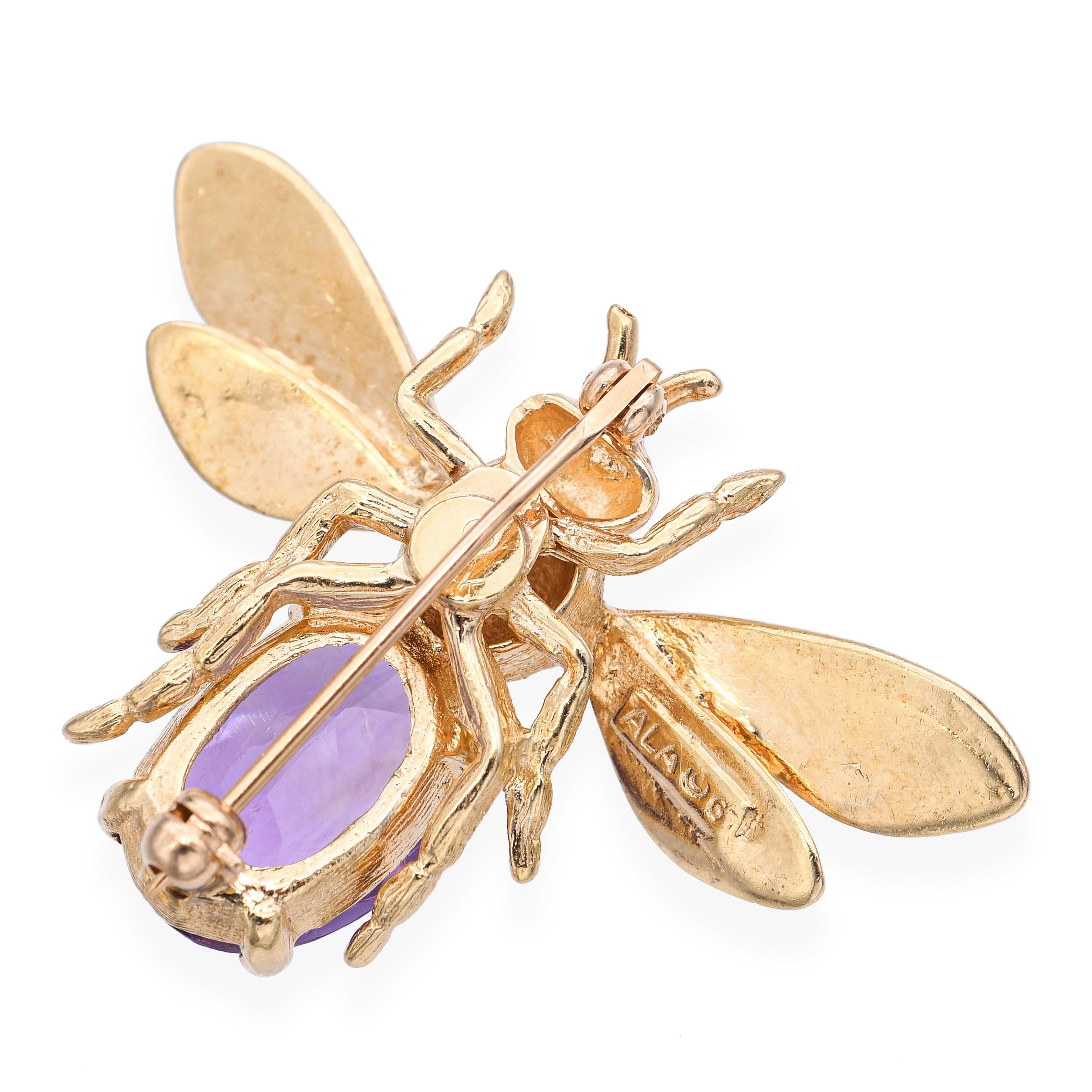 Vintage 14k Yellow Gold Amethyst Bumblebee Brooch